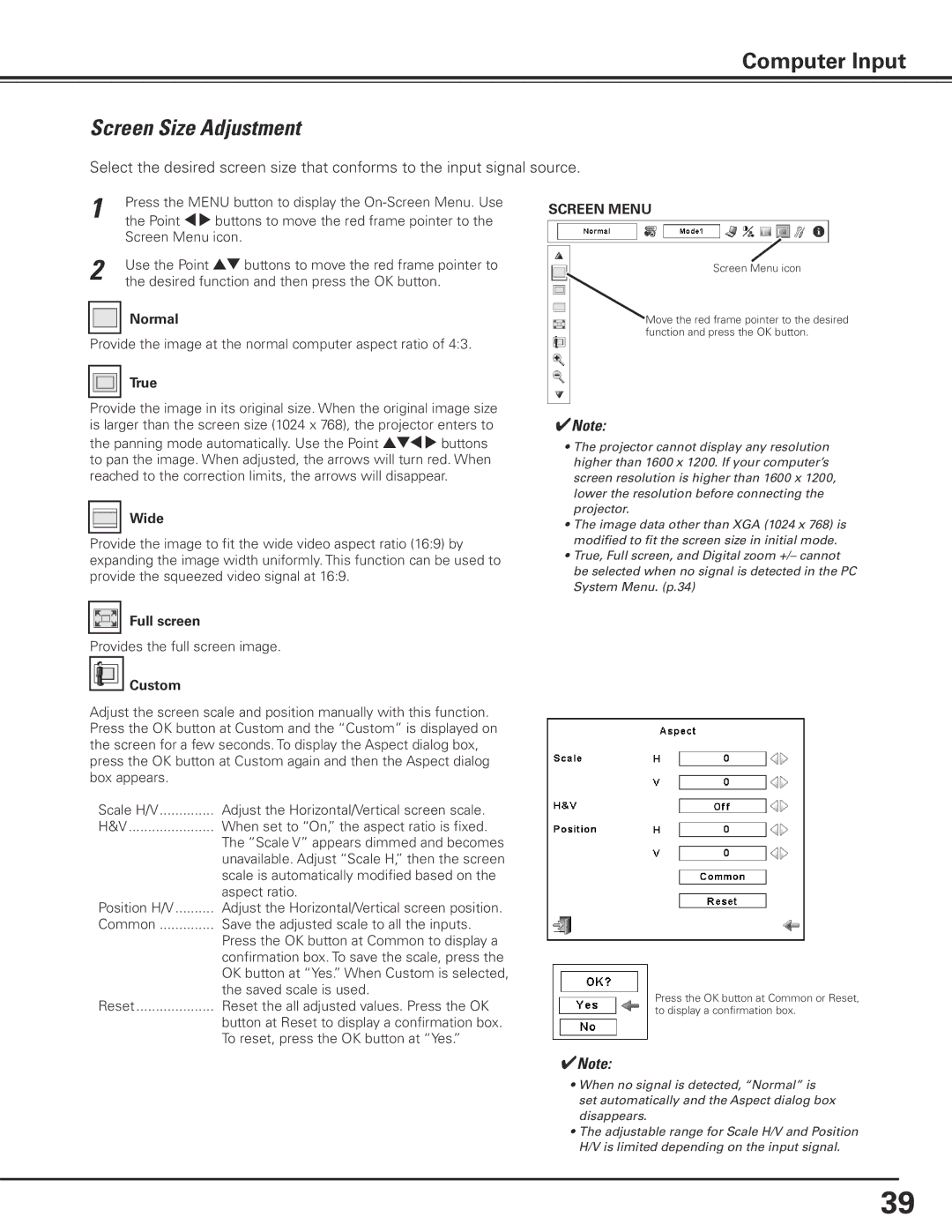 Canon LV-7585 user manual Screen Size Adjustment, Screen Menu 