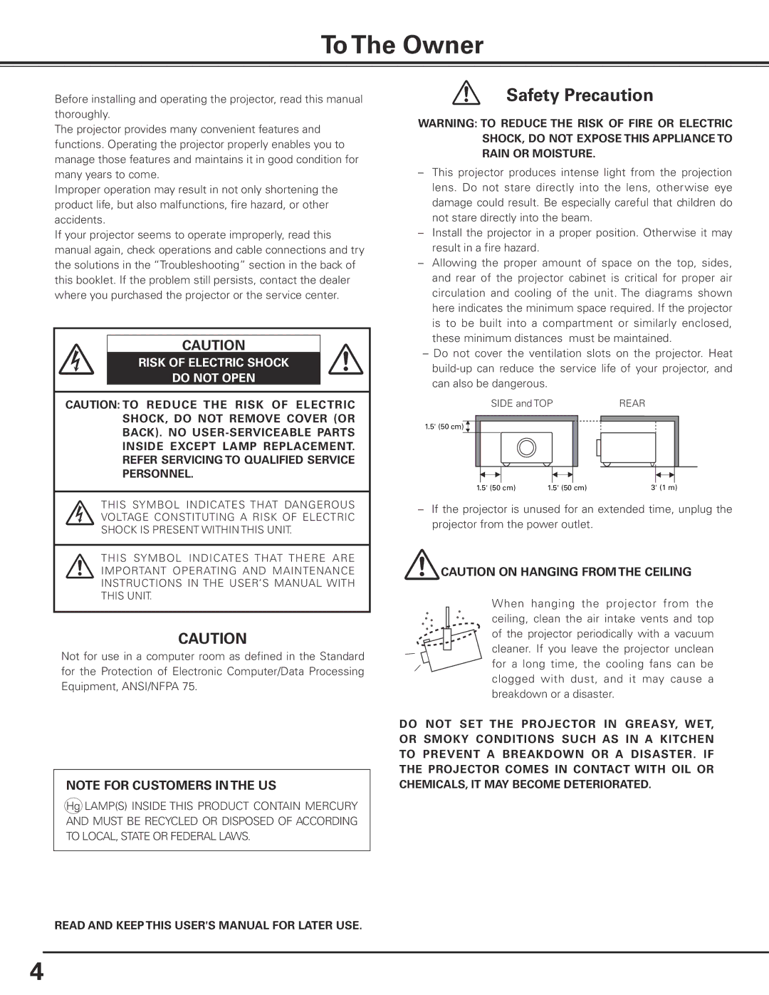 Canon LV-7585 user manual To The Owner, Risk of Electric Shock Do not Open 