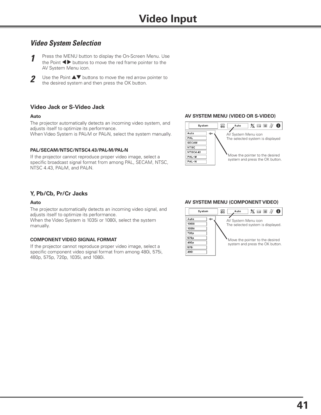 Canon LV-7585 user manual Video Input, Video System Selection 