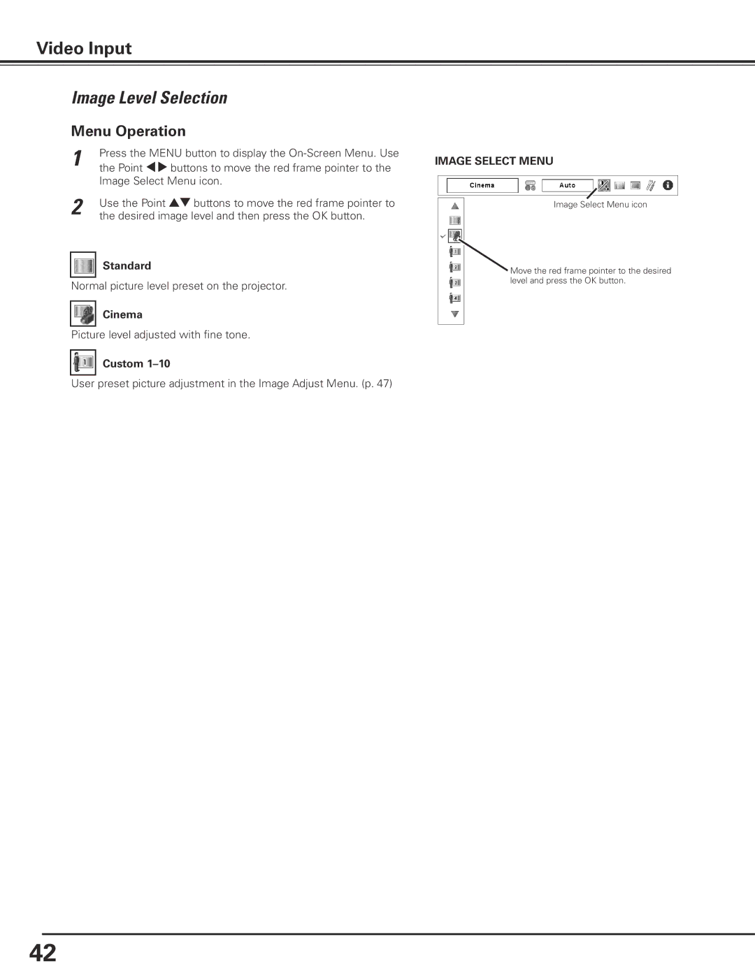 Canon LV-7585 user manual Image Level Selection, Cinema 