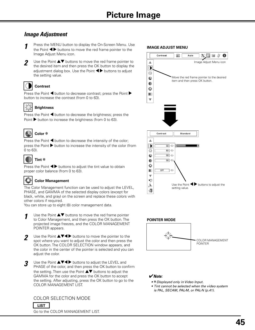 Canon LV-7585 user manual Picture Image, Image Adjustment, List, Image Adjust Menu, Pointer Mode 