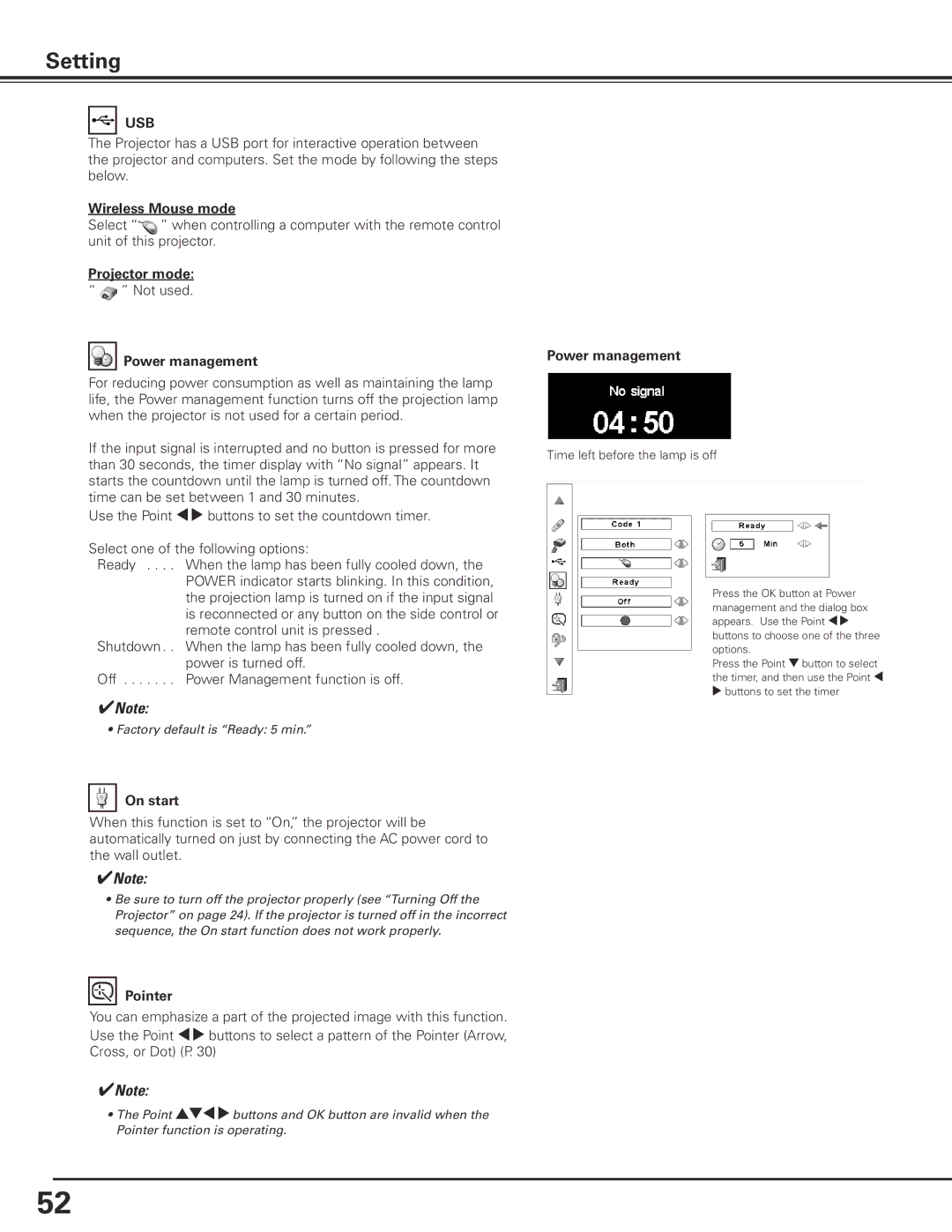 Canon LV-7585 user manual Usb, Wireless Mouse mode, Projector mode, Power management, On start 