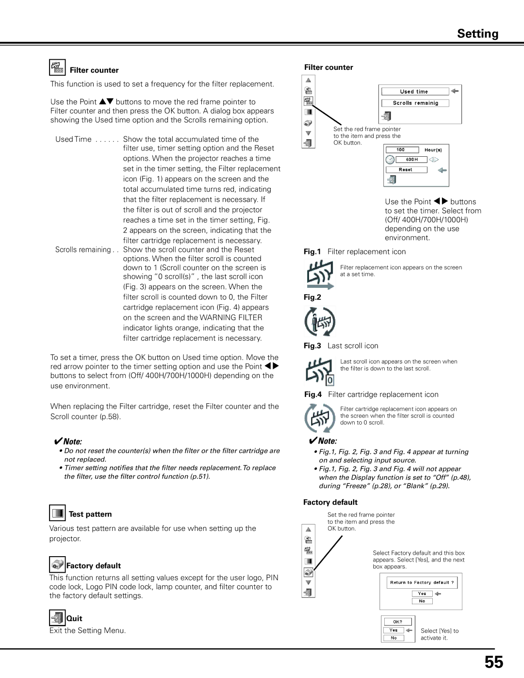 Canon LV-7585 user manual Filter counter, Test pattern, Factory default 