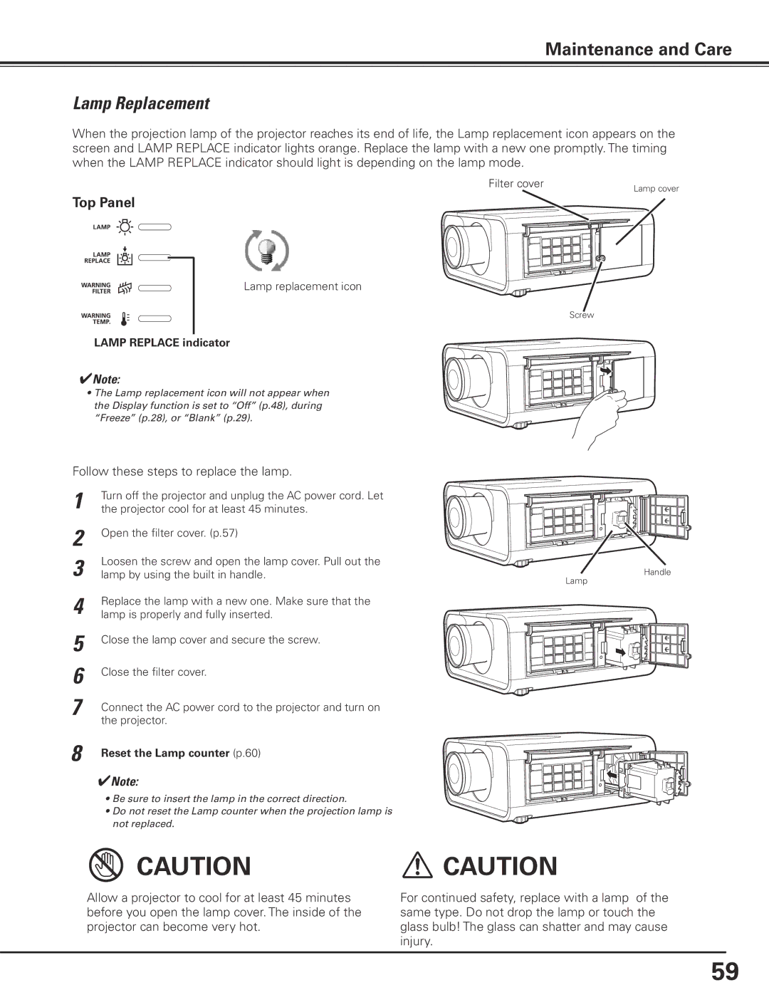 Canon LV-7585 user manual Lamp Replacement, Lamp Replace indicator, Reset the Lamp counter p.60 