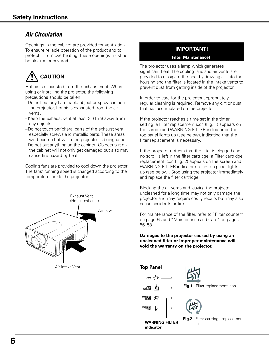 Canon LV-7585 user manual Air Circulation, Filter Maintenance 