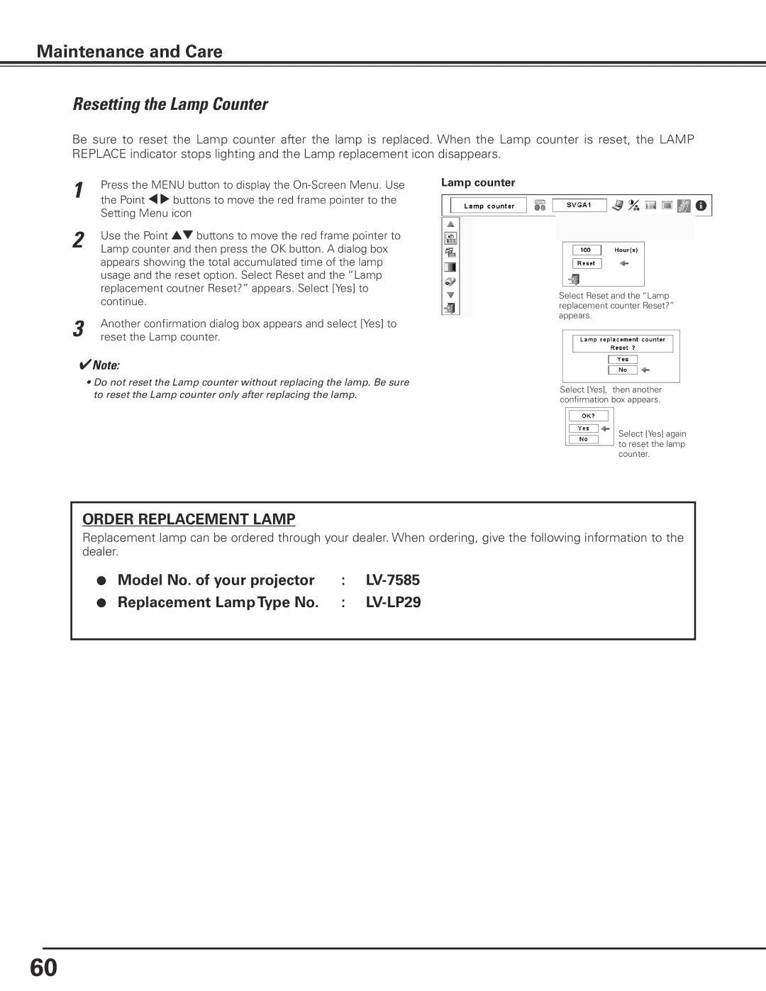 Canon LV-7585 user manual Resetting the Lamp Counter, Order Replacement Lamp 