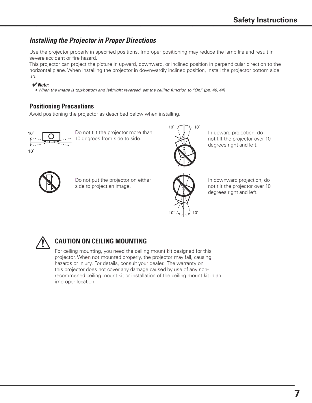 Canon LV-7585 user manual Installing the Projector in Proper Directions, Positioning Precautions 