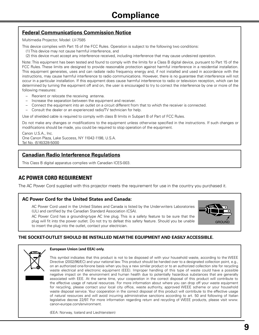 Canon LV-7585 user manual Compliance, Federal Communications Commission Notice, Canadian Radio Interference Regulations 