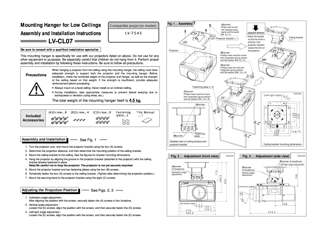 Canon LV-CL07 installation instructions Assembly and Installation Instructions, Mounting Hanger for Low Ceilings, LV-7545 