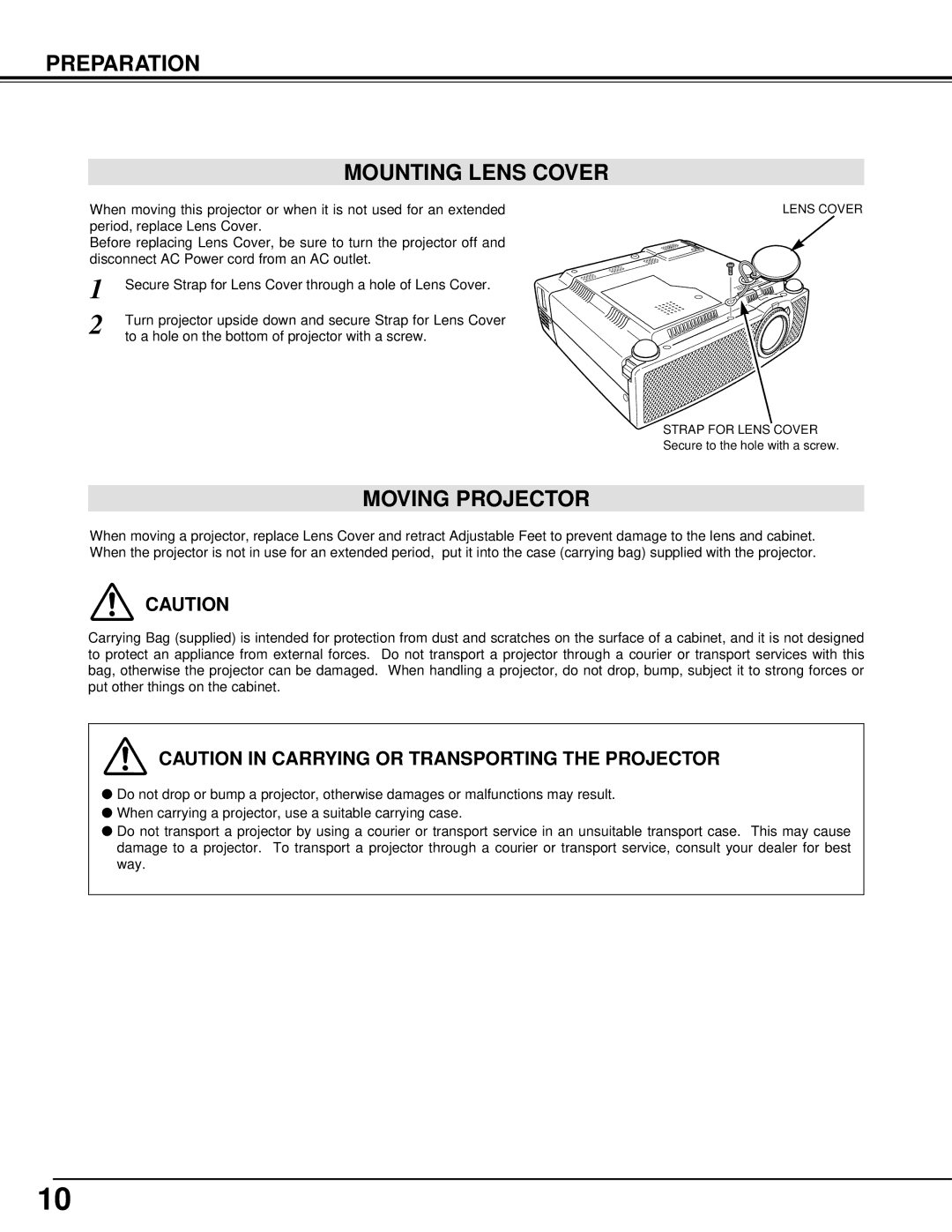 Canon LV-S1 owner manual Preparation Mounting Lens Cover, Moving Projector 