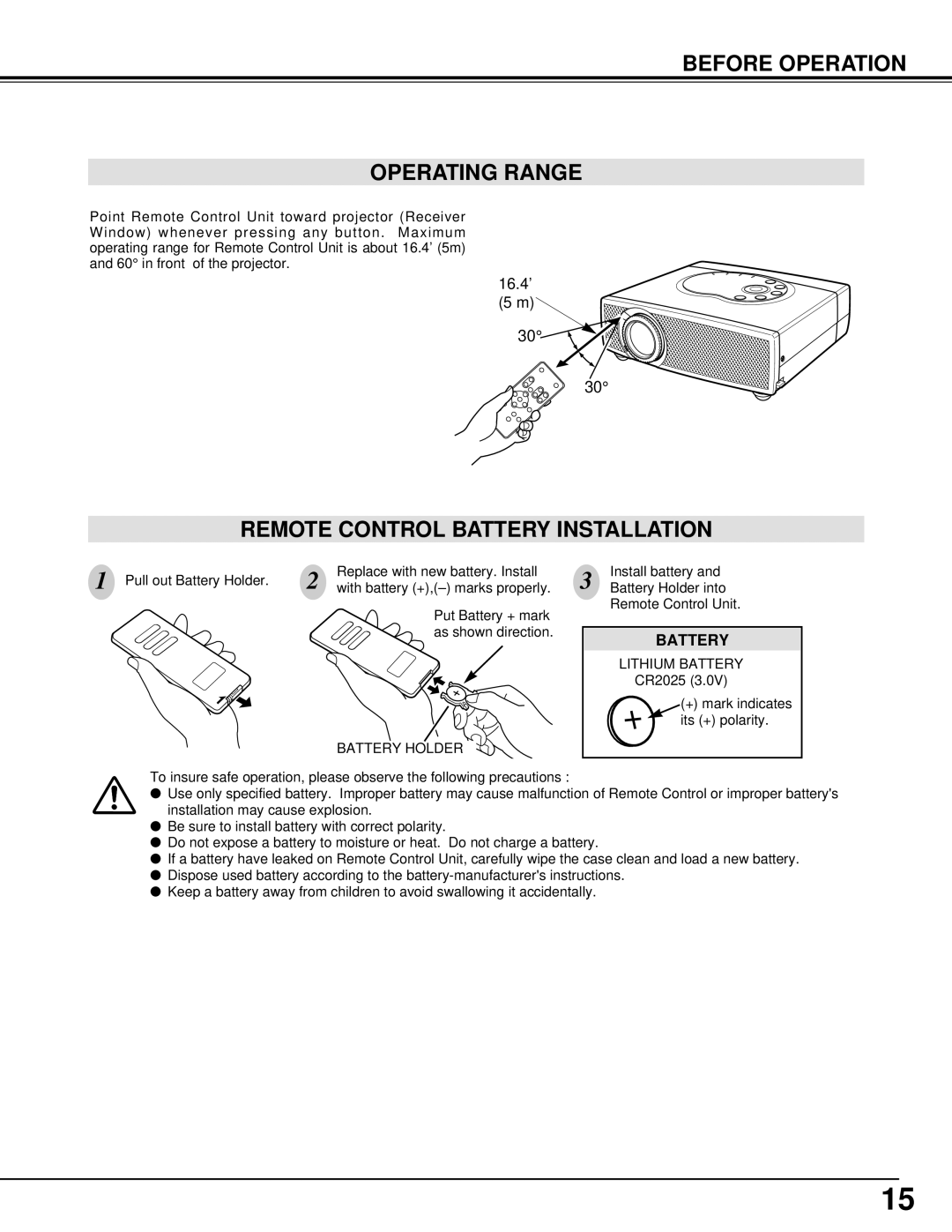 Canon LV-S1 owner manual Before Operation Operating Range, Remote Control Battery Installation 