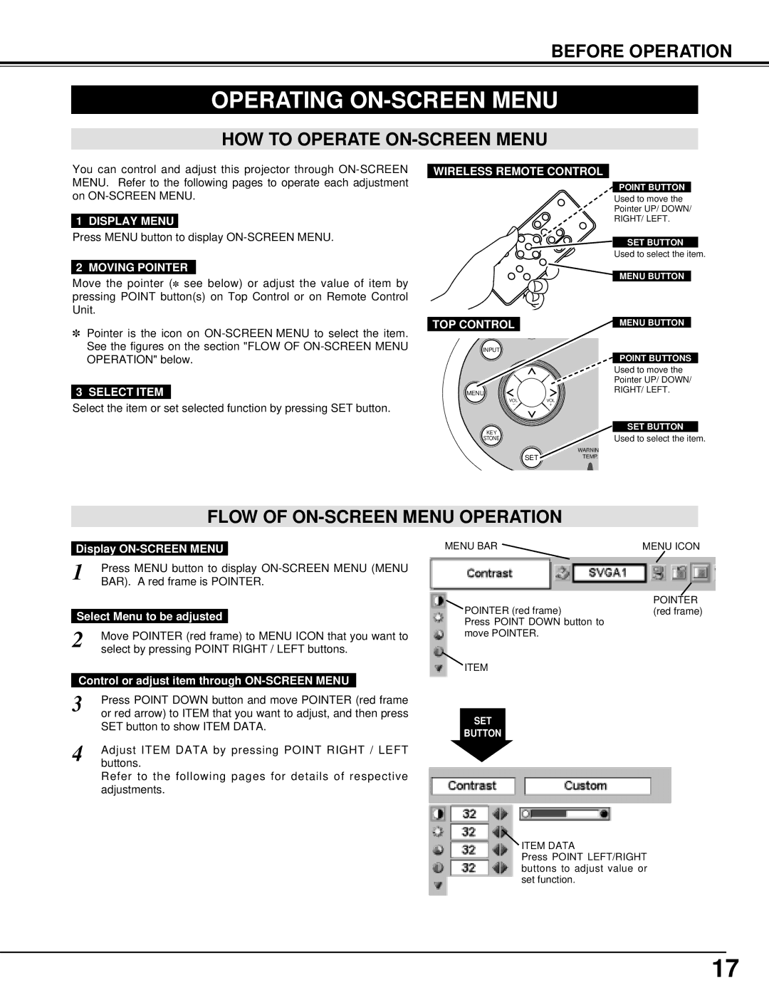 Canon LV-S1 owner manual Operating ON-SCREEN Menu, HOW to Operate ON-SCREEN Menu, Flow of ON-SCREEN Menu Operation 