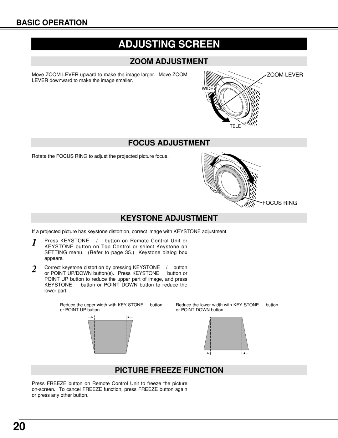 Canon LV-S1 owner manual Adjusting Screen, Zoom Adjustment, Focus Adjustment, Keystone Adjustment, Picture Freeze Function 