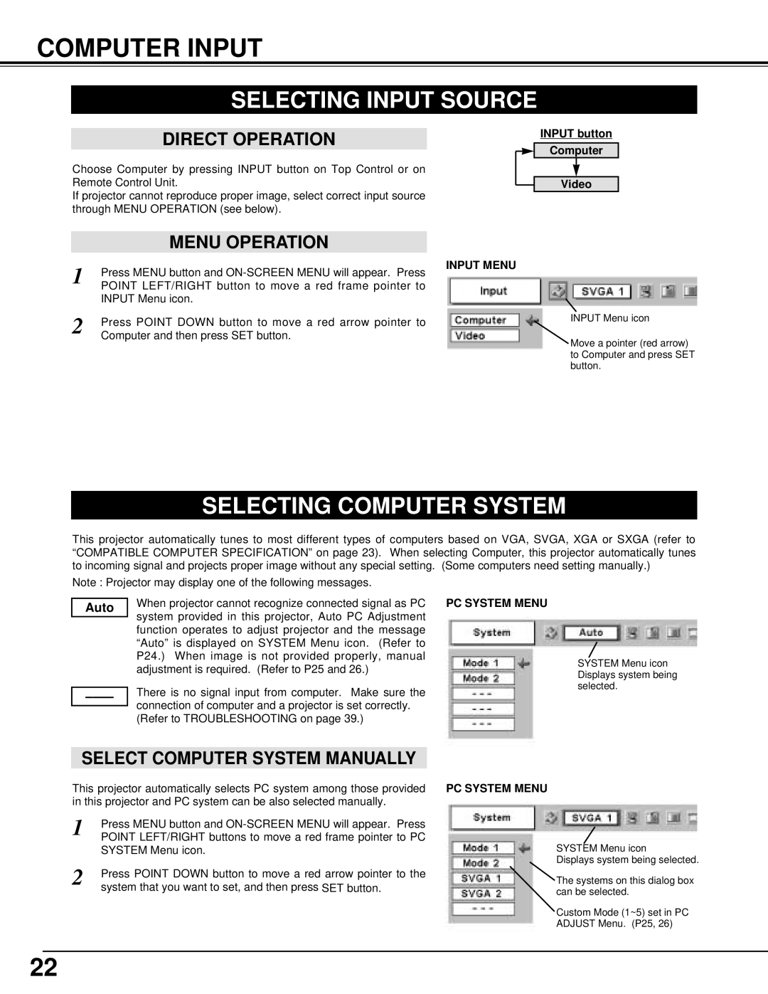 Canon LV-S1 Computer Input, Selecting Input Source, Selecting Computer System, Select Computer System Manually, Auto 