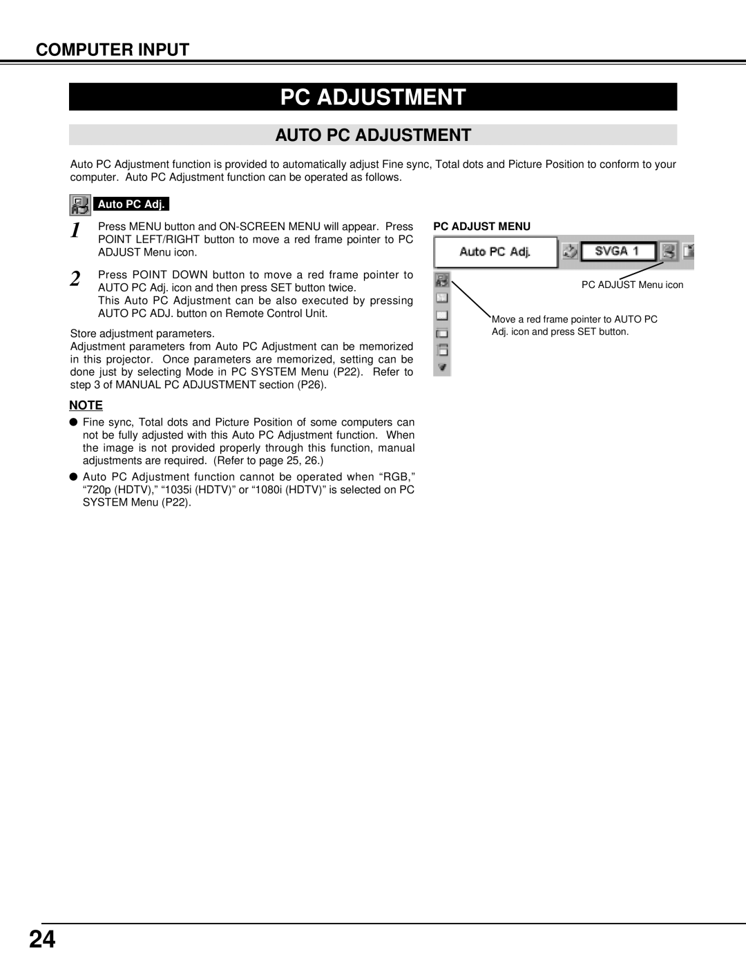 Canon LV-S1 owner manual Auto PC Adjustment, PC Adjust Menu 