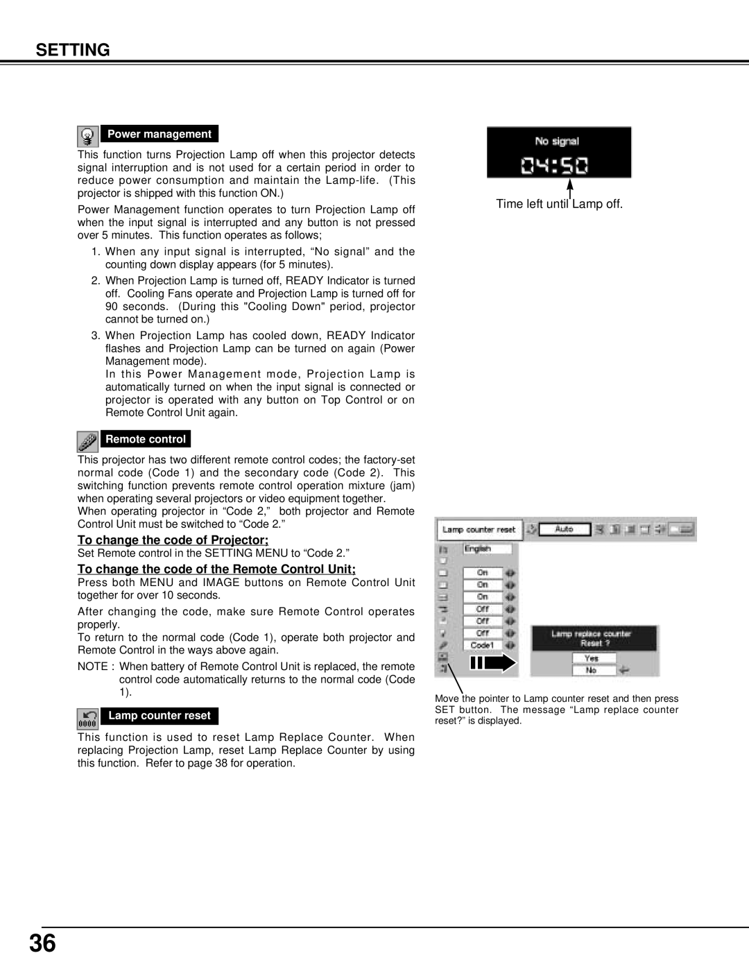 Canon LV-S1 owner manual To change the code of Projector, To change the code of the Remote Control Unit, Power management 