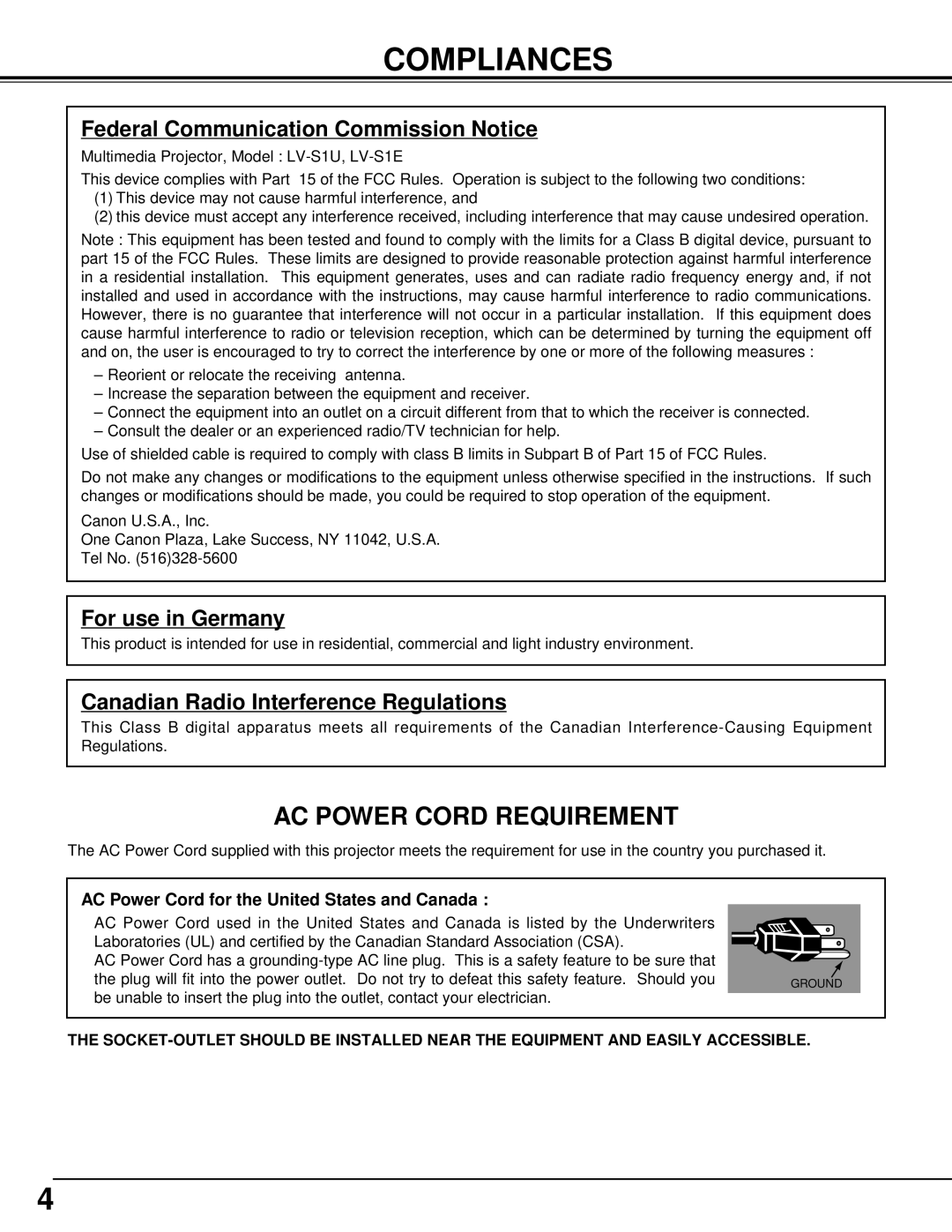 Canon LV-S1 owner manual Compliances, Federal Communication Commission Notice 