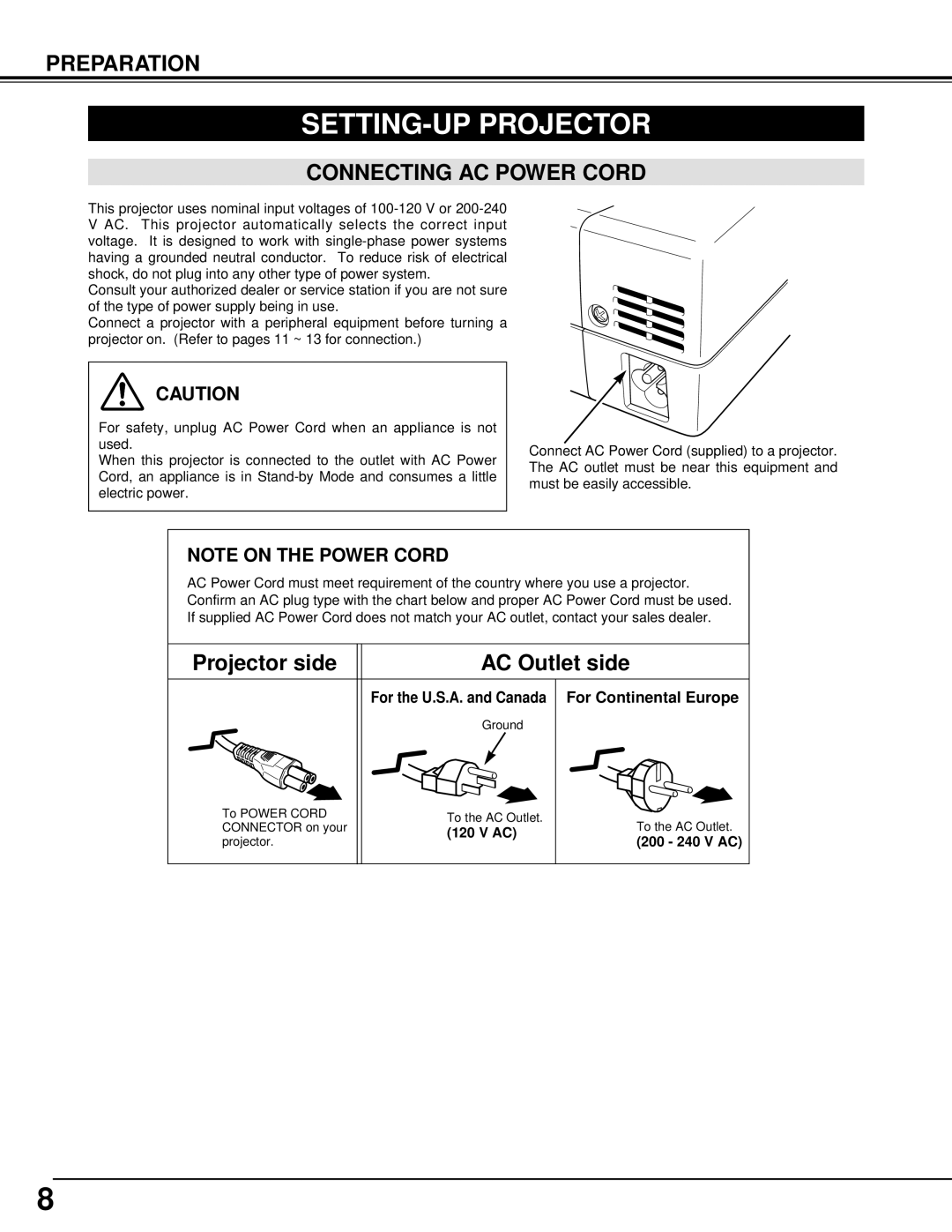 Canon LV-S1 owner manual SETTING-UP Projector, Connecting AC Power Cord, For Continental Europe 