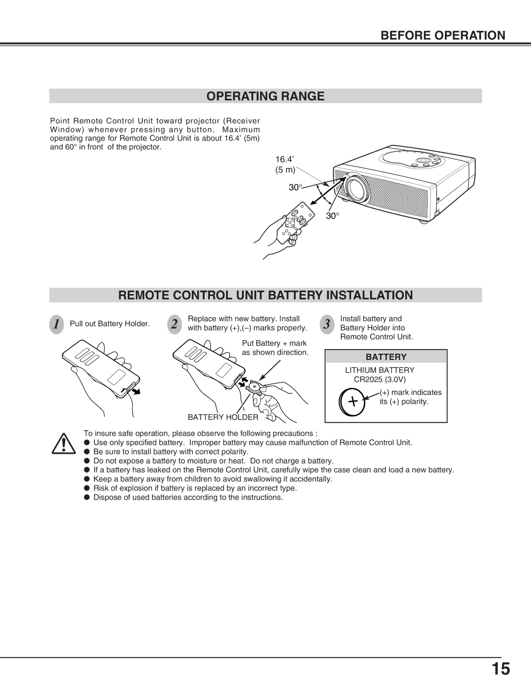 Canon LV-S2 owner manual Before Operation Operating Range, Remote Control Unit Battery Installation 