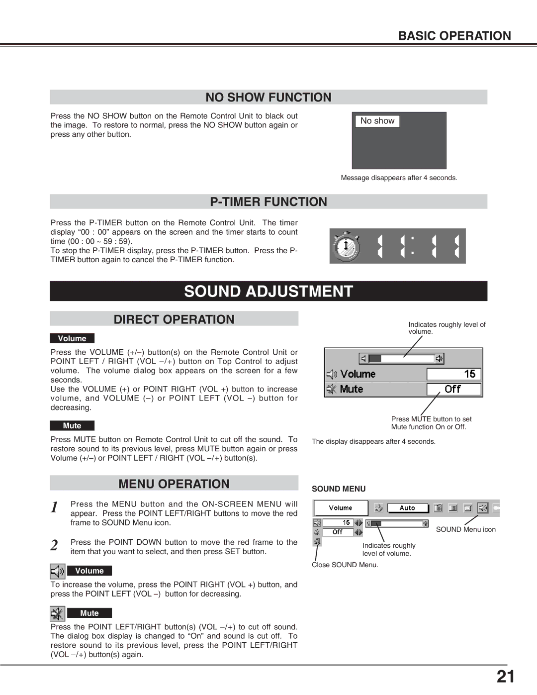 Canon LV-S2 Sound Adjustment, Basic Operation No Show Function, Timer Function, Direct Operation, Menu Operation 