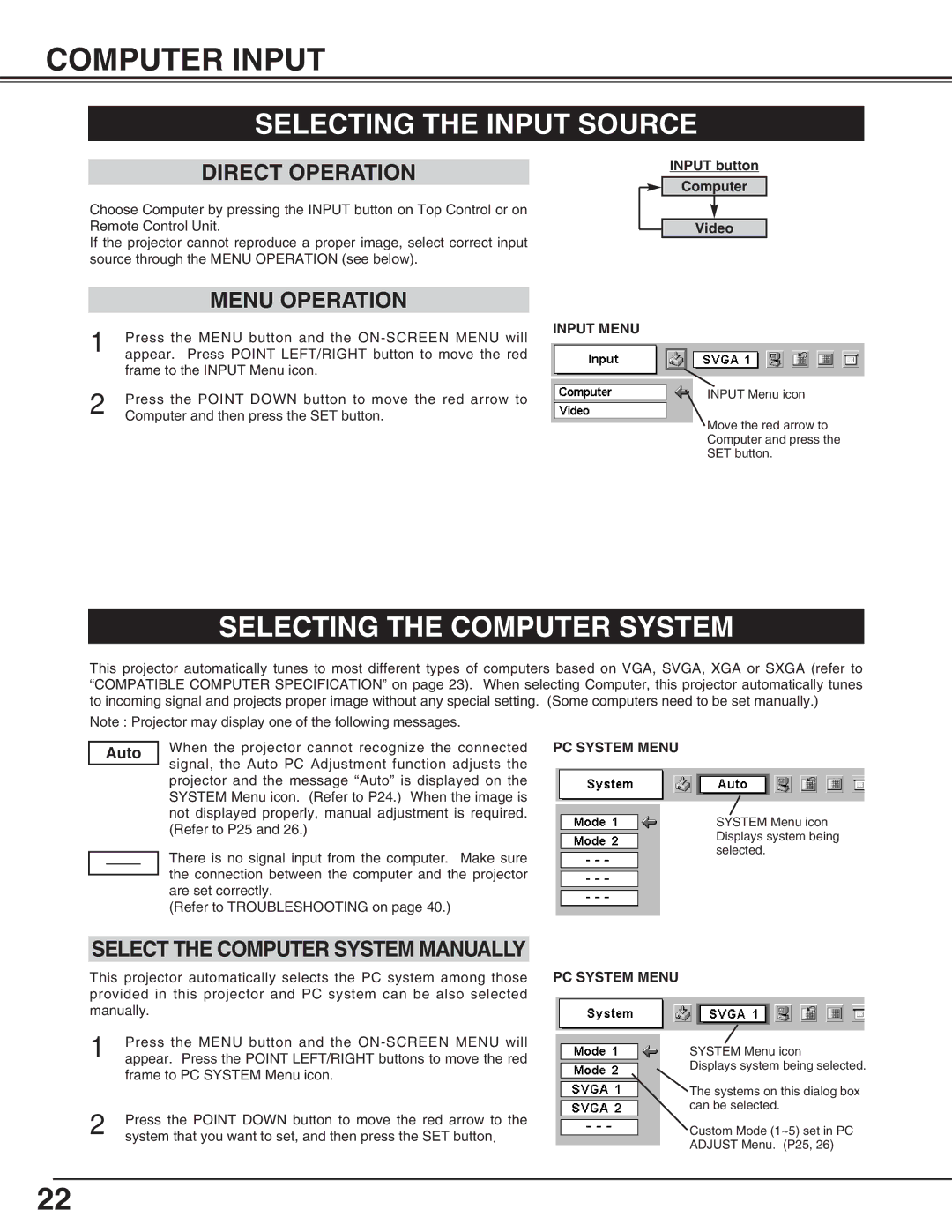 Canon LV-S2 Computer Input, Selecting the Input Source, Selecting the Computer System, Select the Computer System Manually 