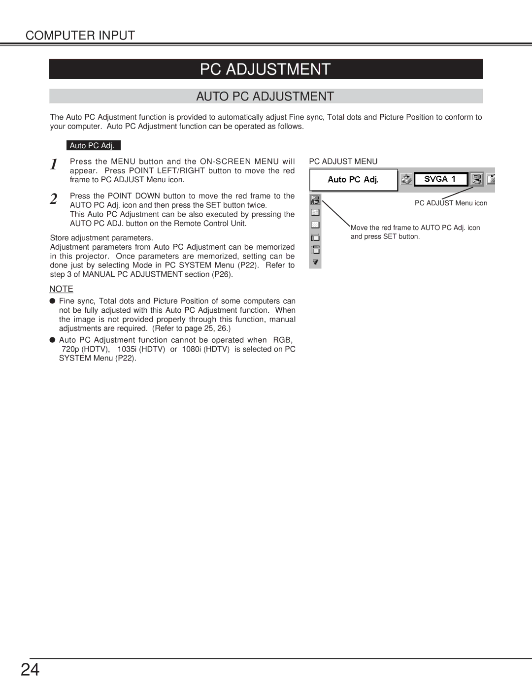 Canon LV-S2 owner manual Auto PC Adjustment, PC Adjust Menu 