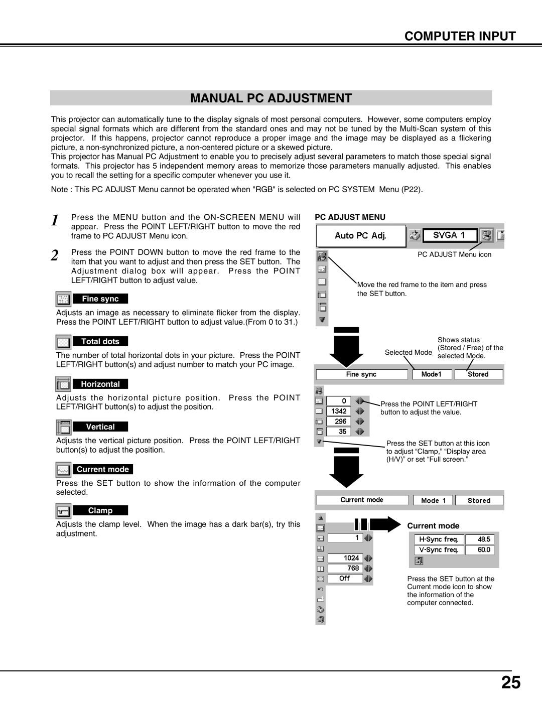 Canon LV-S2 owner manual Computer Input Manual PC Adjustment 