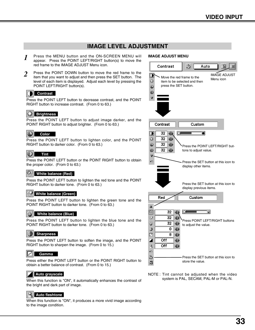 Canon LV-S2 owner manual Video Input Image Level Adjustment, Image Adjust Menu 