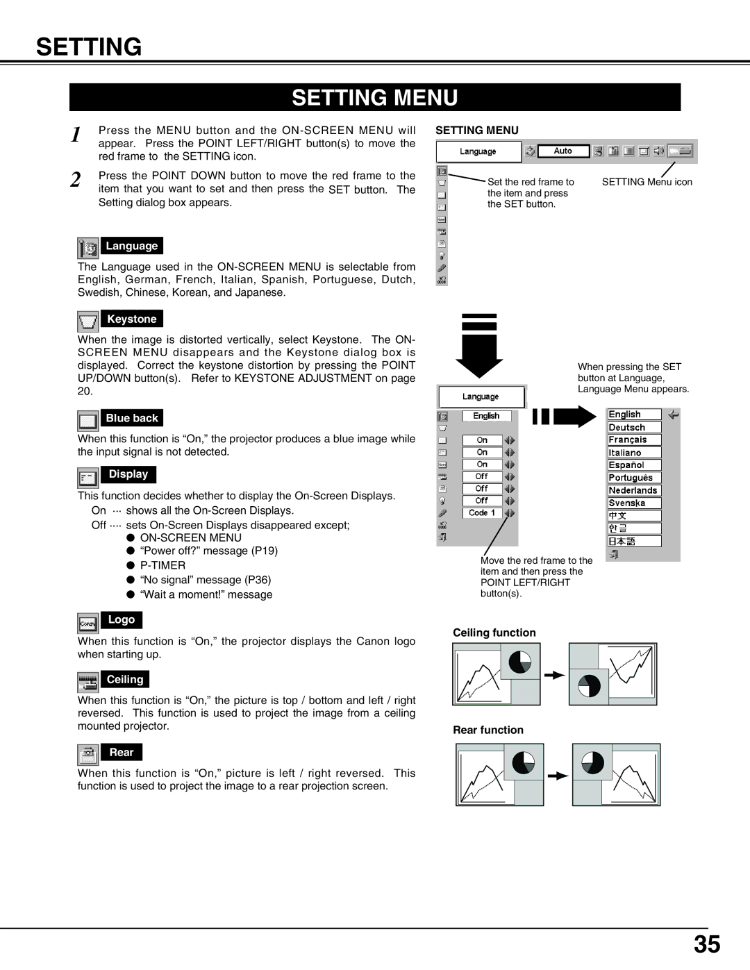 Canon LV-S2 owner manual Setting Menu 