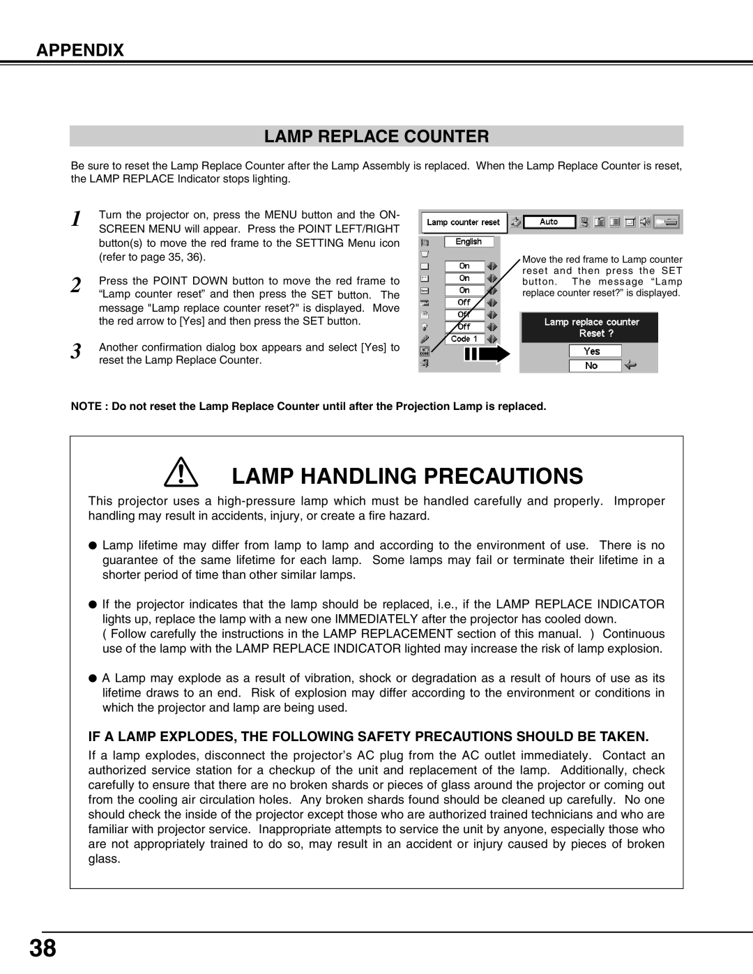 Canon LV-S2 owner manual Lamp Handling Precautions, Appendix Lamp Replace Counter 