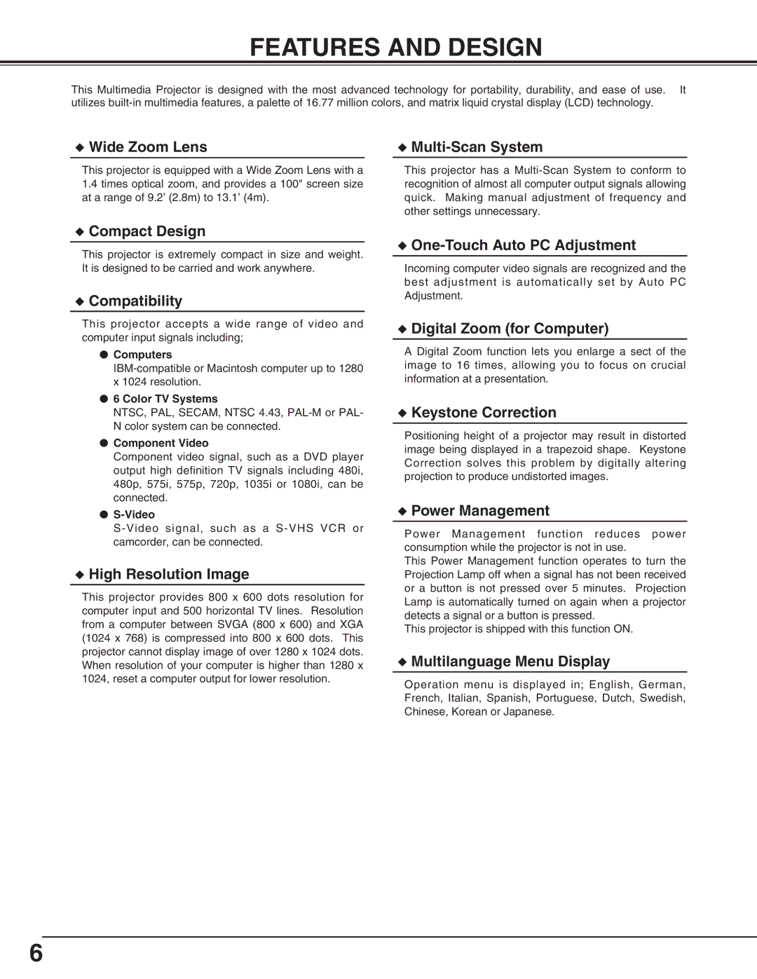 Canon LV-S2 owner manual Features and Design, Wide Zoom Lens 