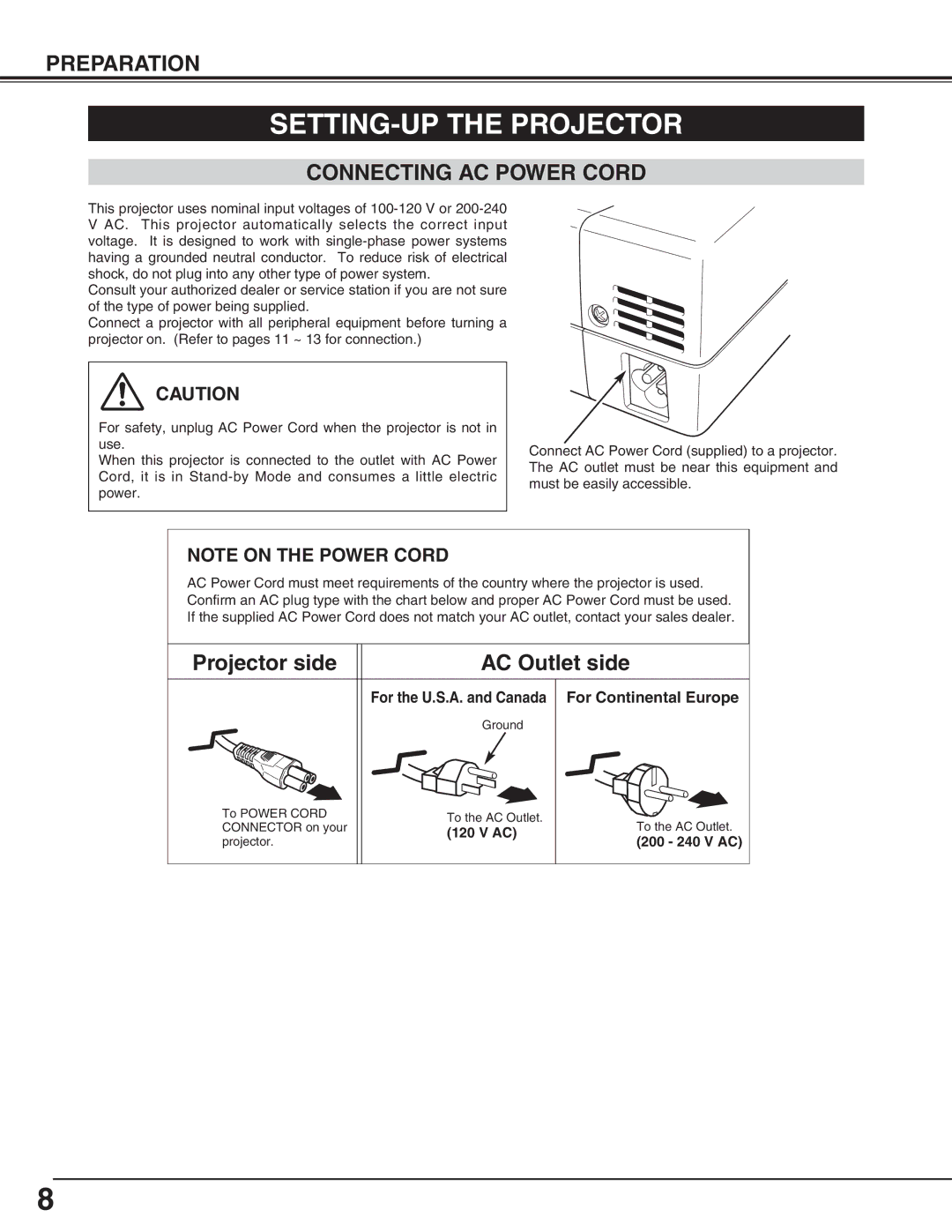 Canon LV-S2 owner manual SETTING-UP the Projector, Connecting AC Power Cord, For Continental Europe 