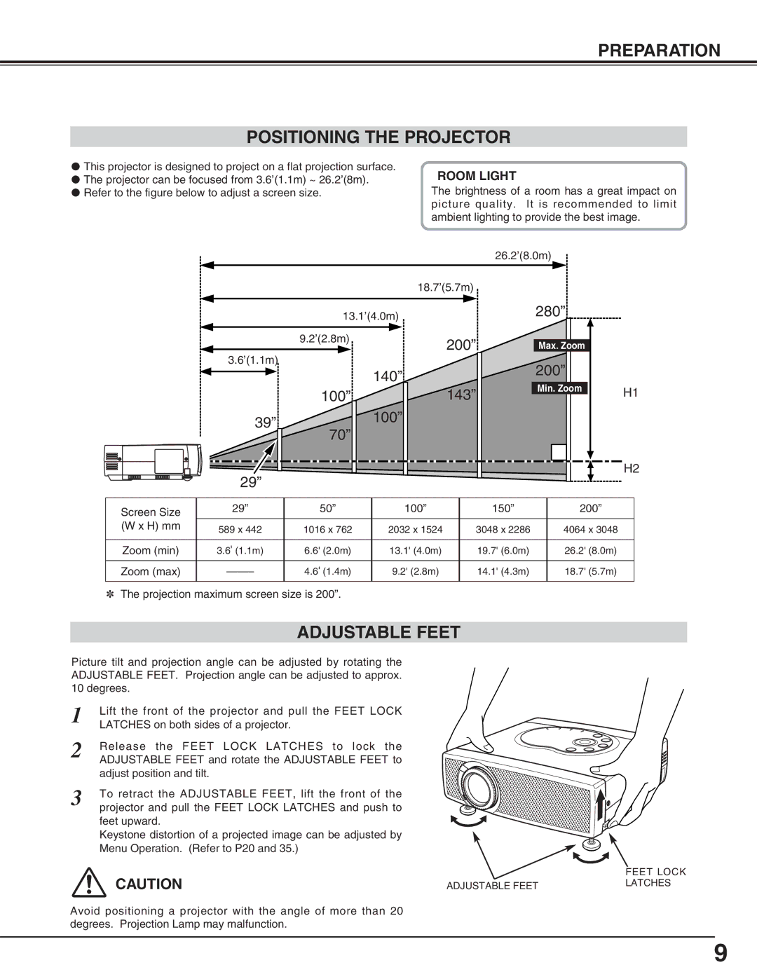 Canon LV-S2 owner manual Preparation Positioning the Projector, Adjustable Feet, Room Light 