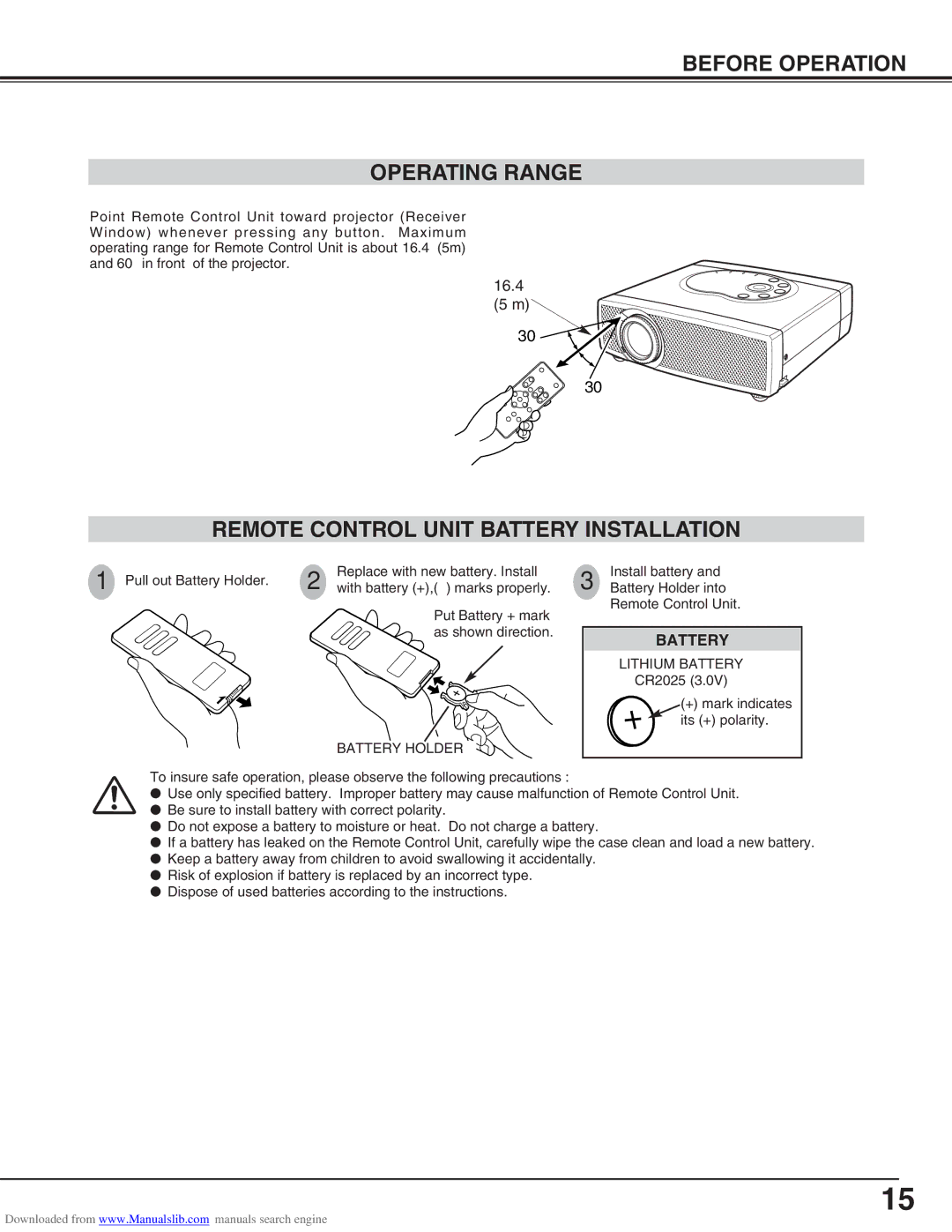 Canon LV-S2 owner manual Before Operation Operating Range, Remote Control Unit Battery Installation 