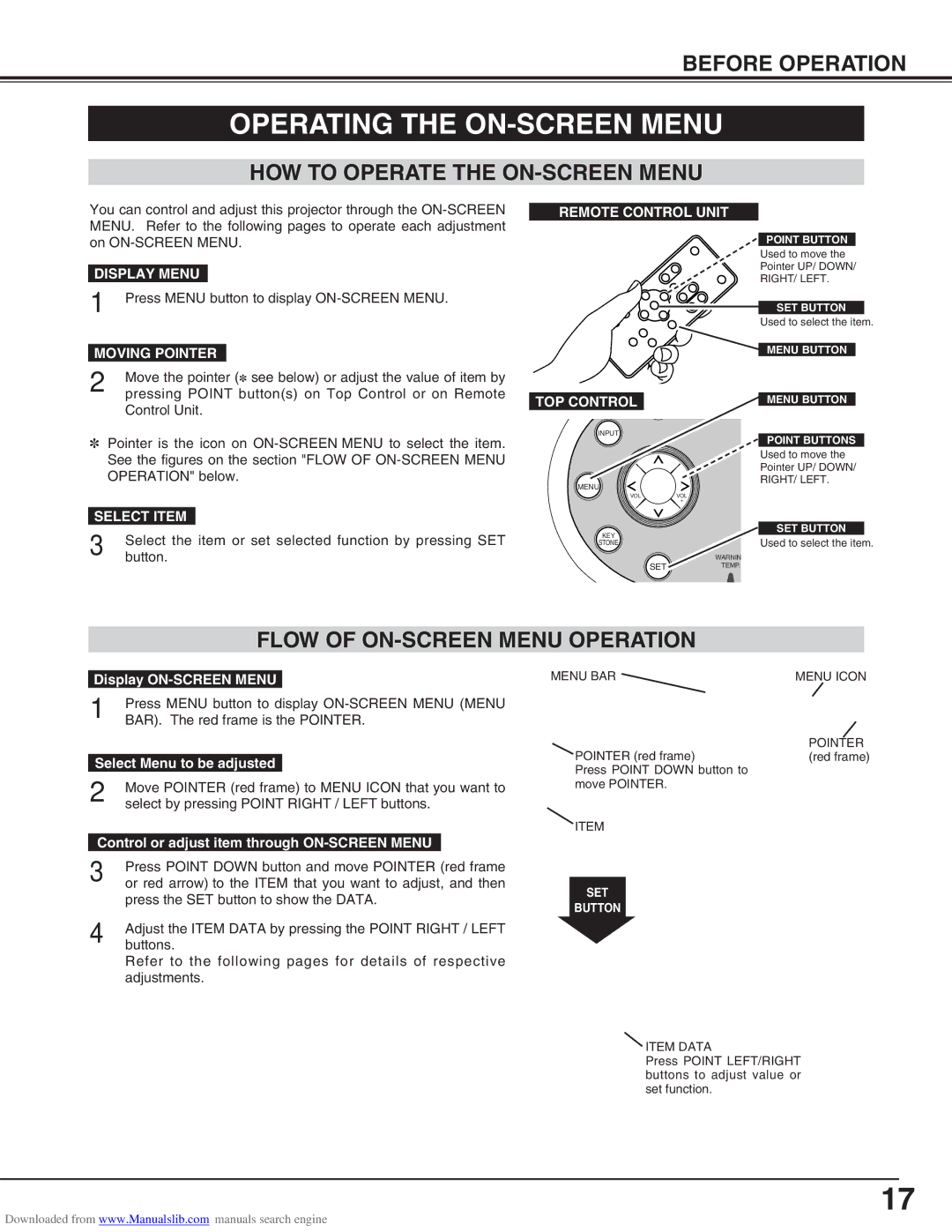 Canon LV-S2 owner manual Operating the ON-SCREEN Menu, HOW to Operate the ON-SCREEN Menu, Flow of ON-SCREEN Menu Operation 