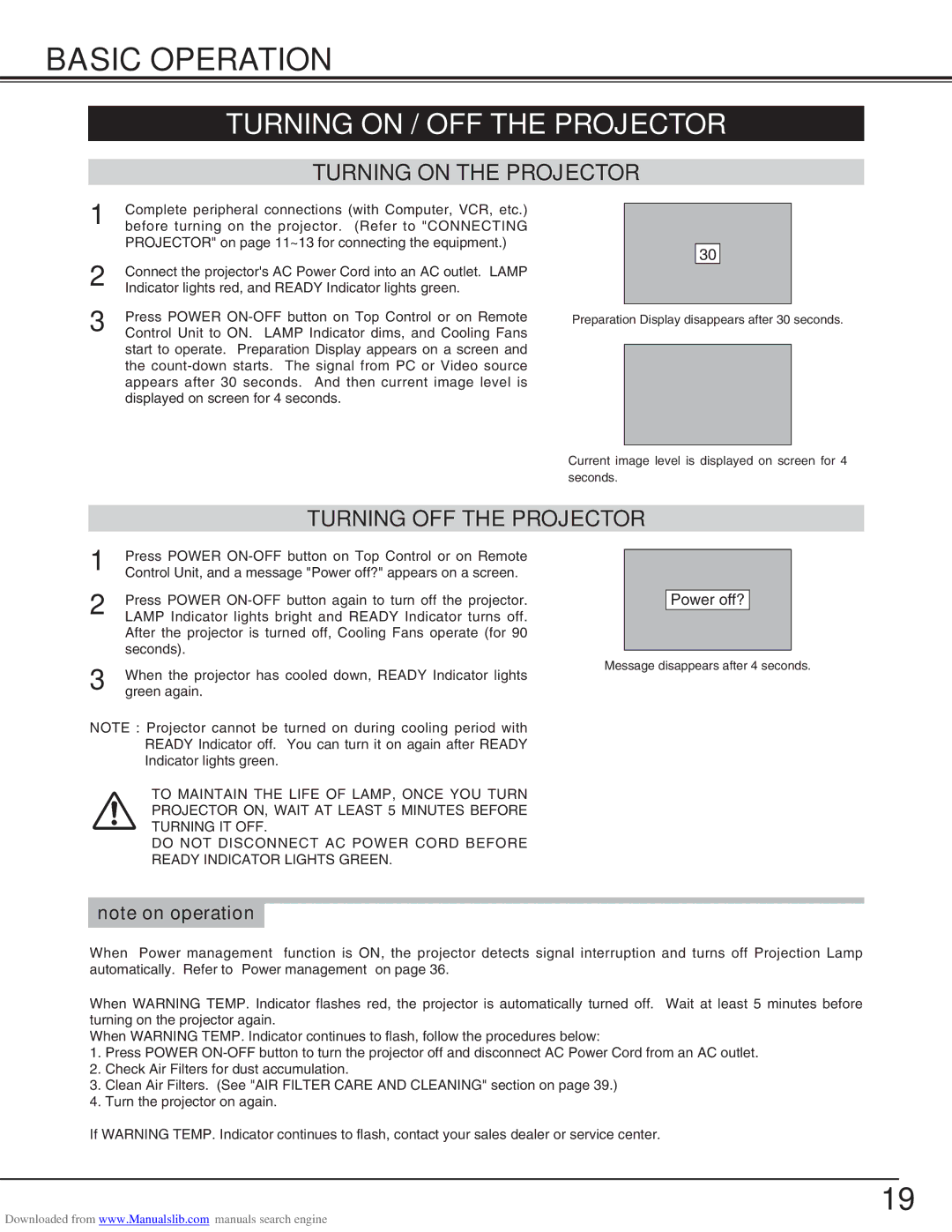 Canon LV-S2 Basic Operation, Turning on / OFF the Projector, Turning on the Projector, Turning OFF the Projector 