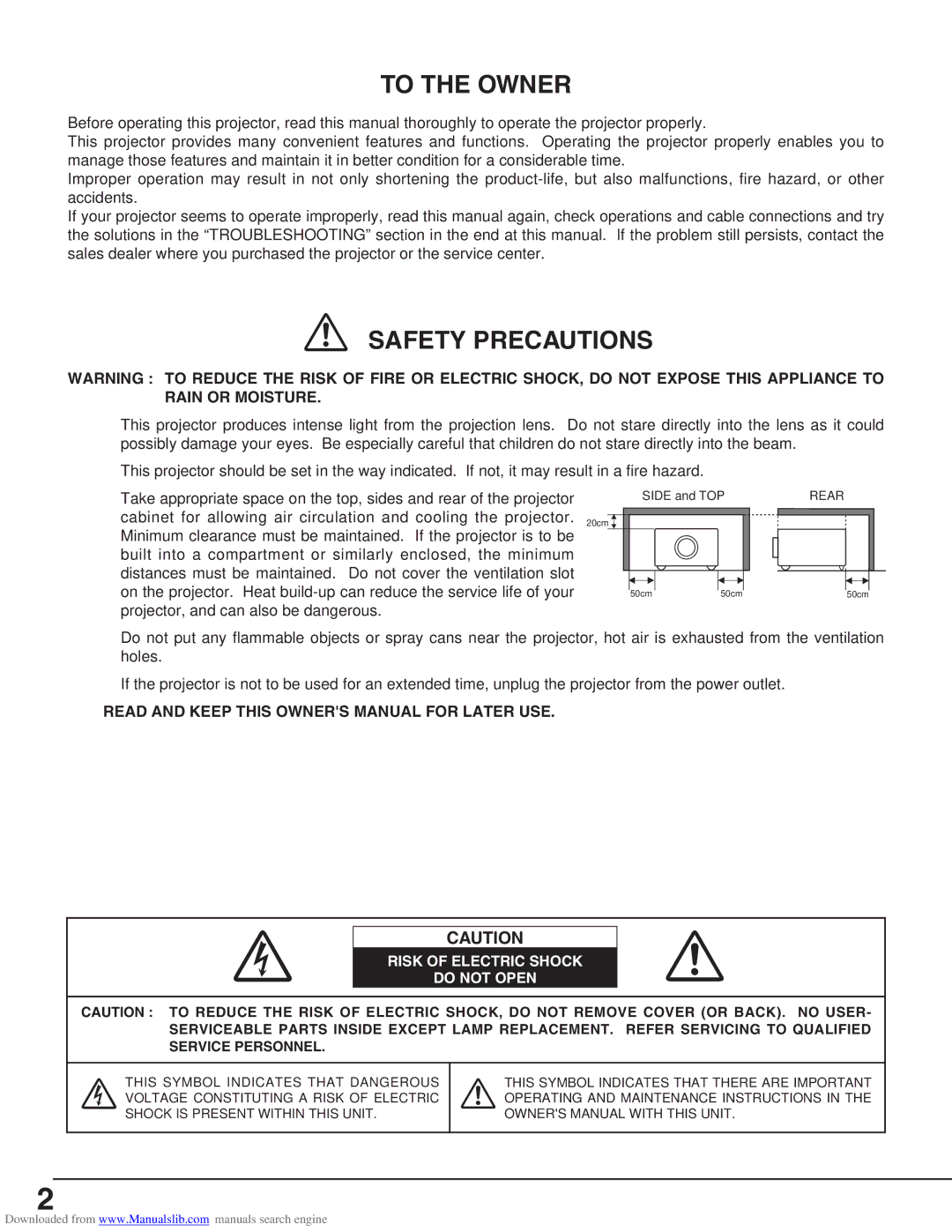 Canon LV-S2 owner manual To the Owner 