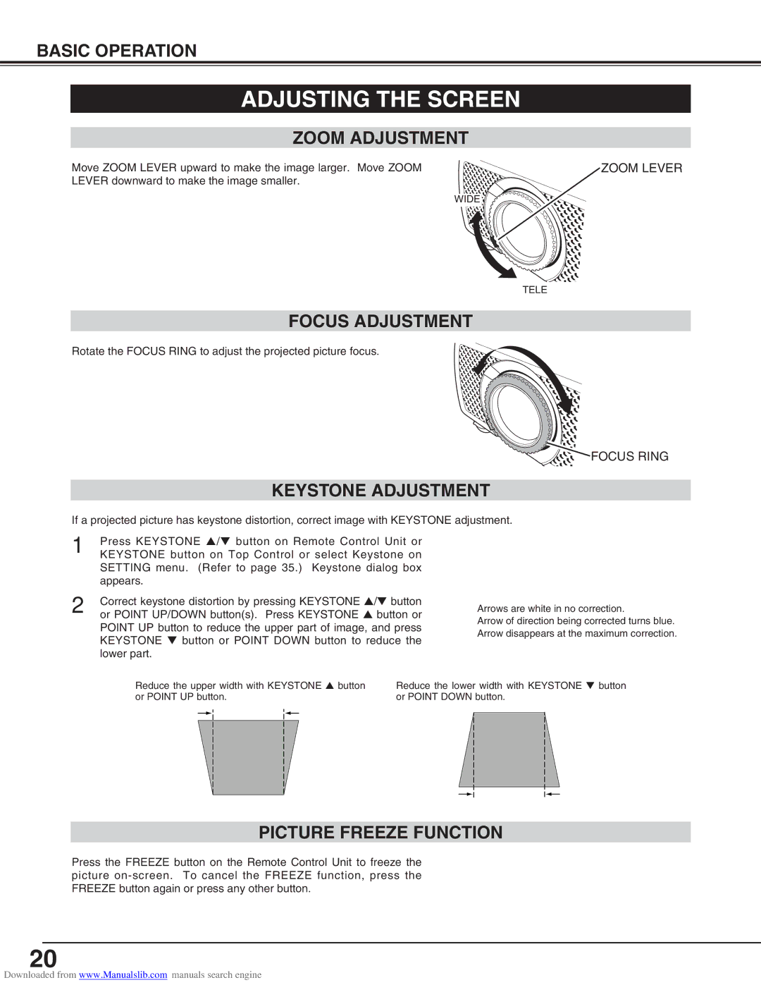 Canon LV-S2 Adjusting the Screen, Zoom Adjustment, Focus Adjustment, Keystone Adjustment, Picture Freeze Function 