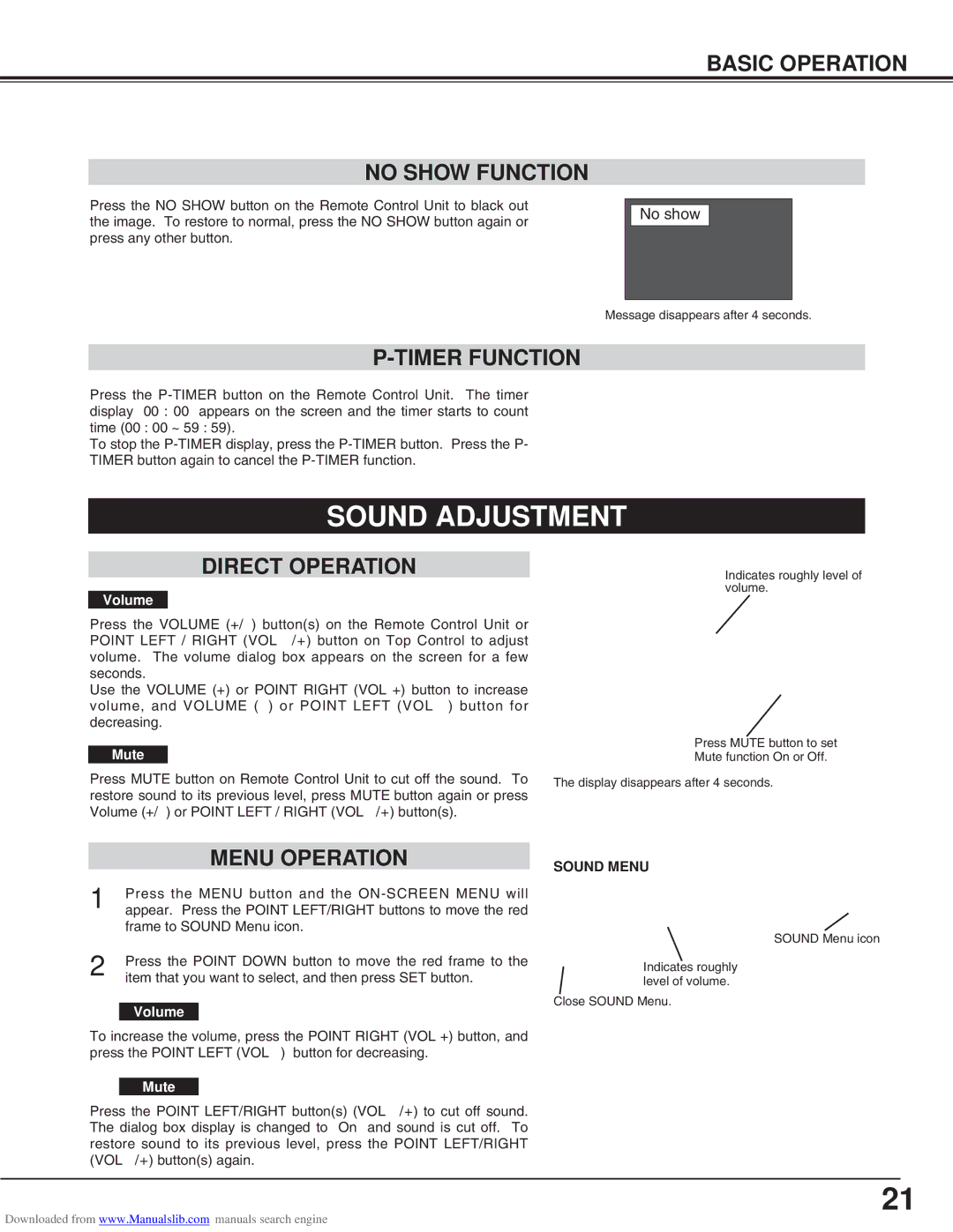 Canon LV-S2 Sound Adjustment, Basic Operation No Show Function, Timer Function, Direct Operation, Menu Operation 