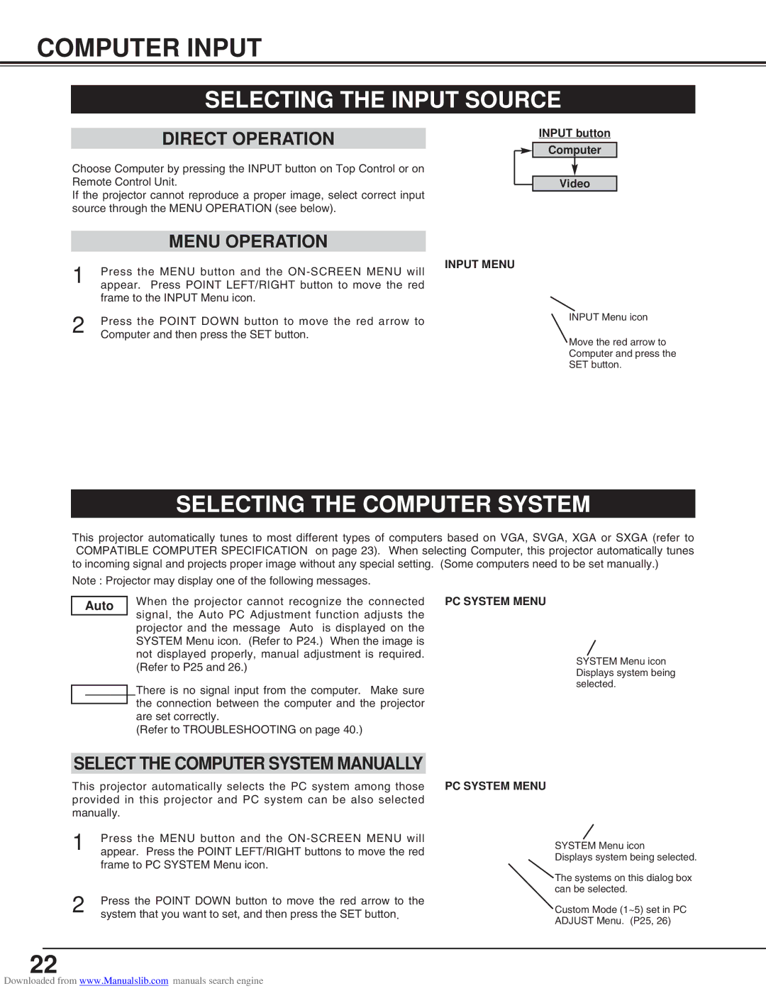 Canon LV-S2 Computer Input, Selecting the Input Source, Selecting the Computer System, Select the Computer System Manually 