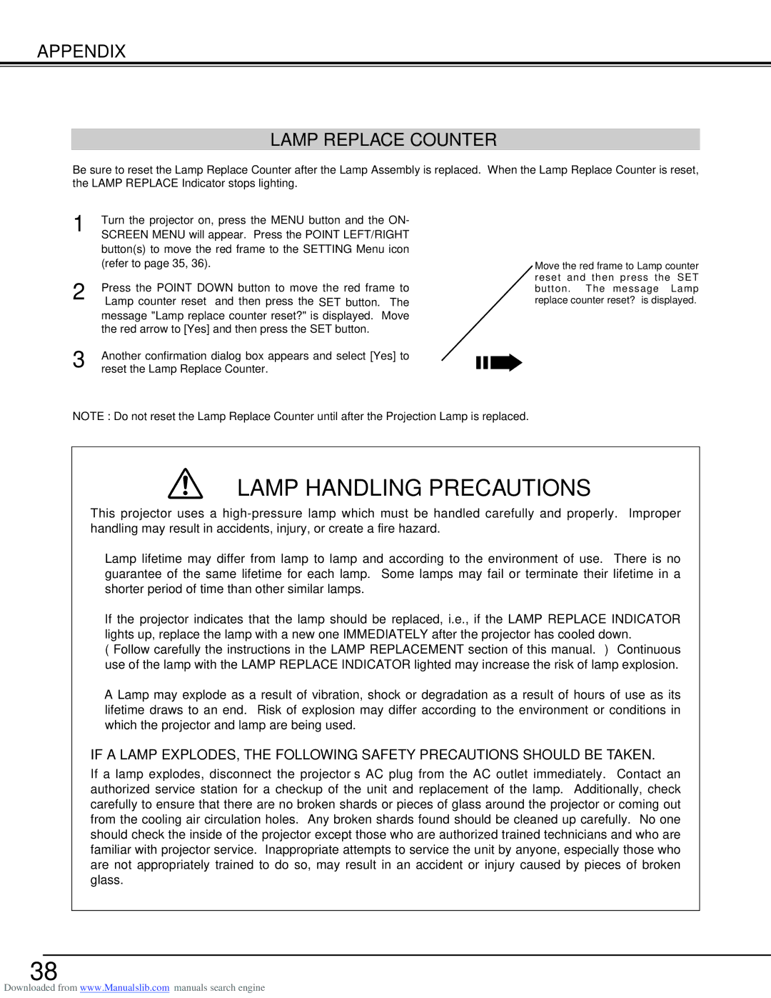 Canon LV-S2 owner manual Lamp Handling Precautions, Appendix Lamp Replace Counter 