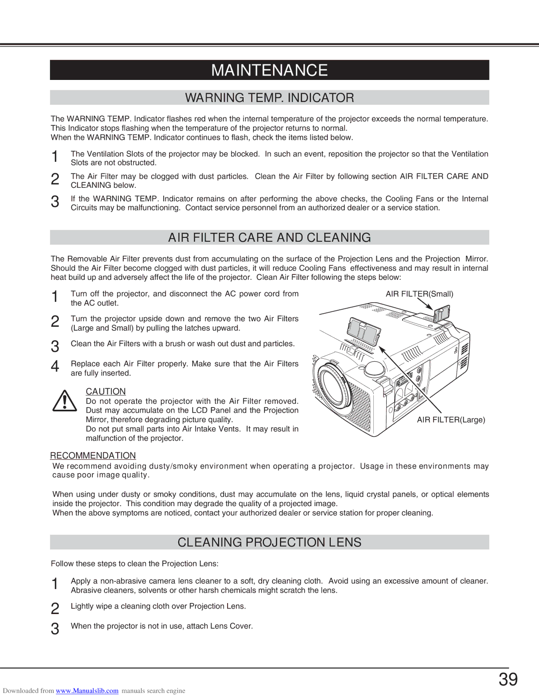 Canon LV-S2 owner manual Maintenance, AIR Filter Care and Cleaning, Cleaning Projection Lens, Recommendation 