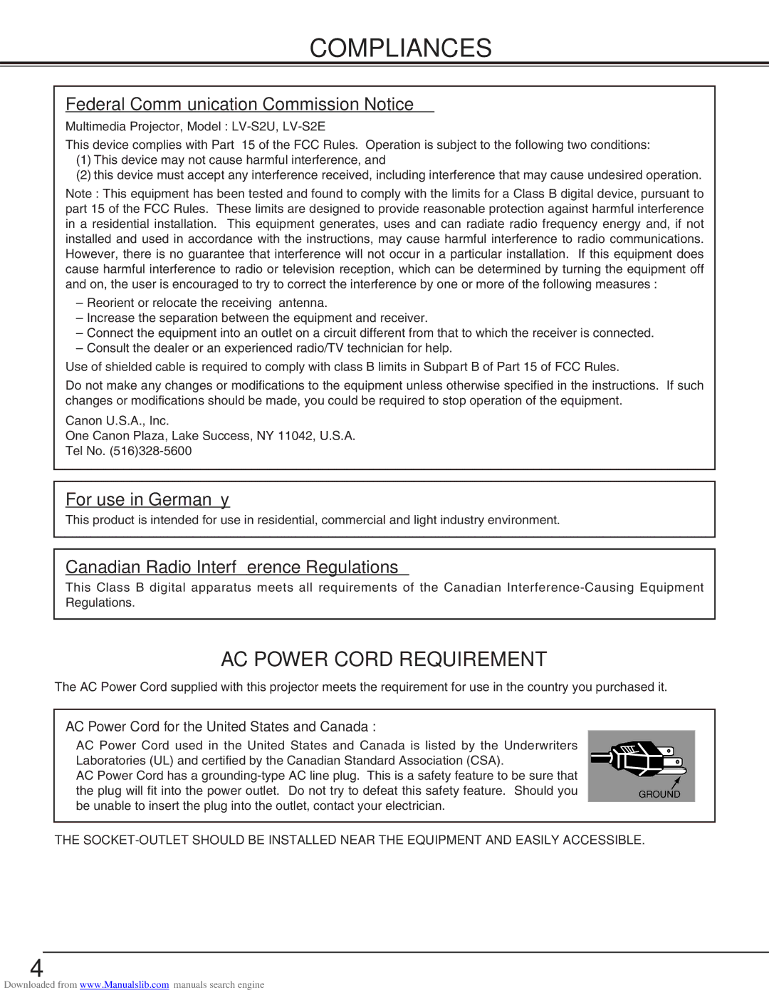 Canon LV-S2 owner manual Compliances, Federal Communication Commission Notice 