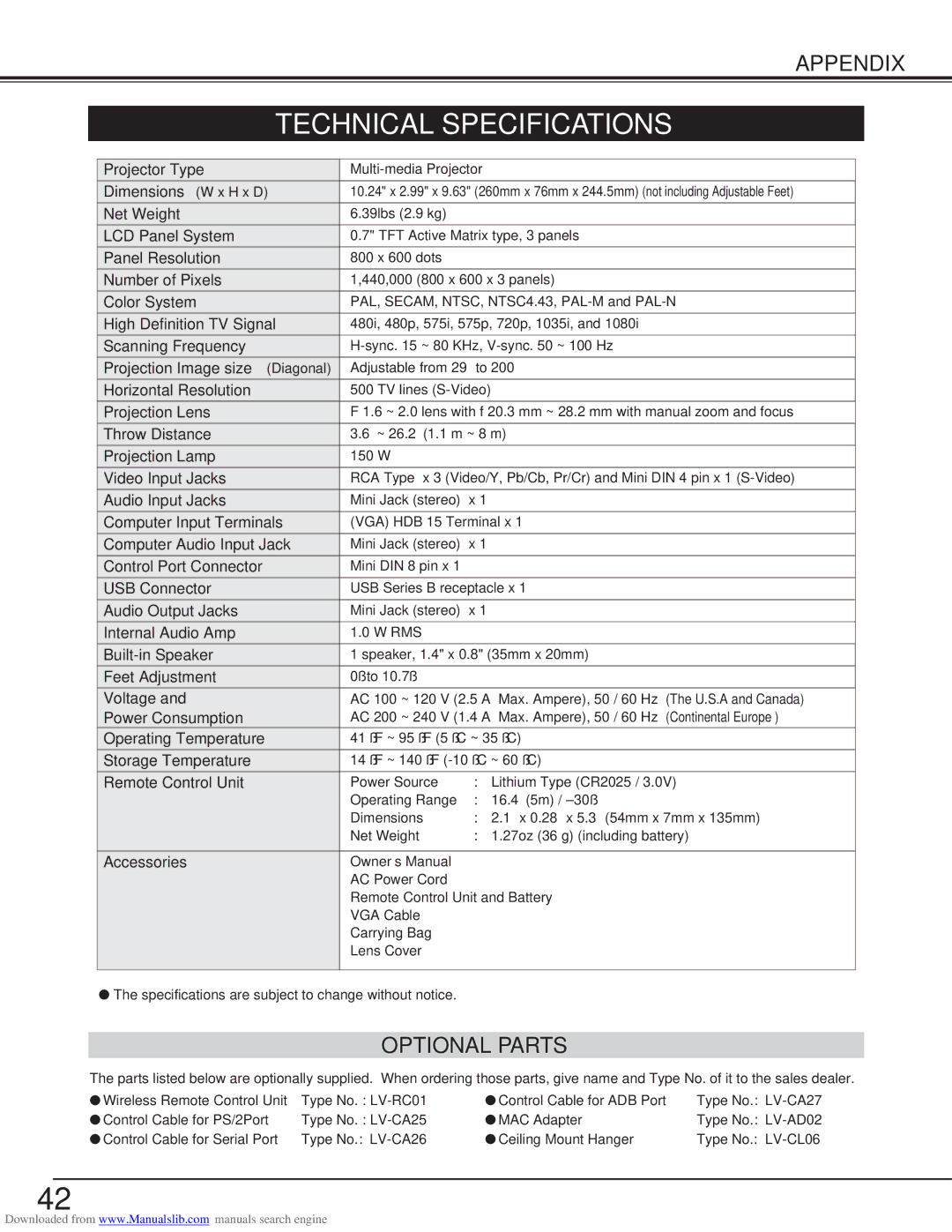 Canon LV-S2 owner manual Technical Specifications, Optional Parts 