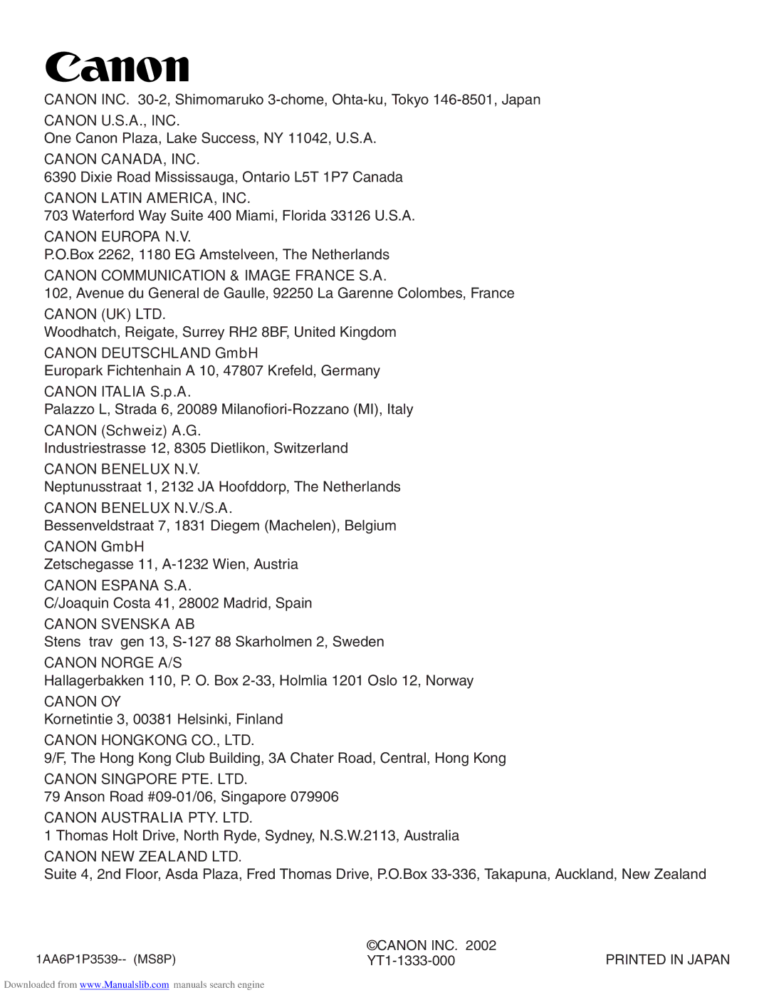 Canon LV-S2 owner manual Canon U.S.A., INC 