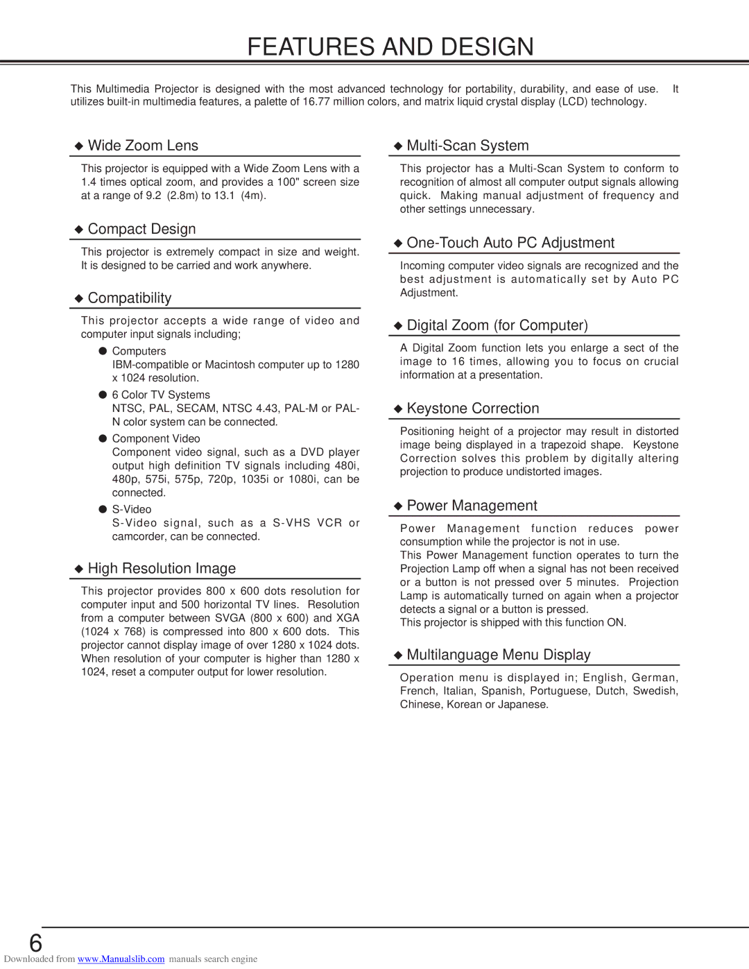 Canon LV-S2 owner manual Features and Design, Wide Zoom Lens 