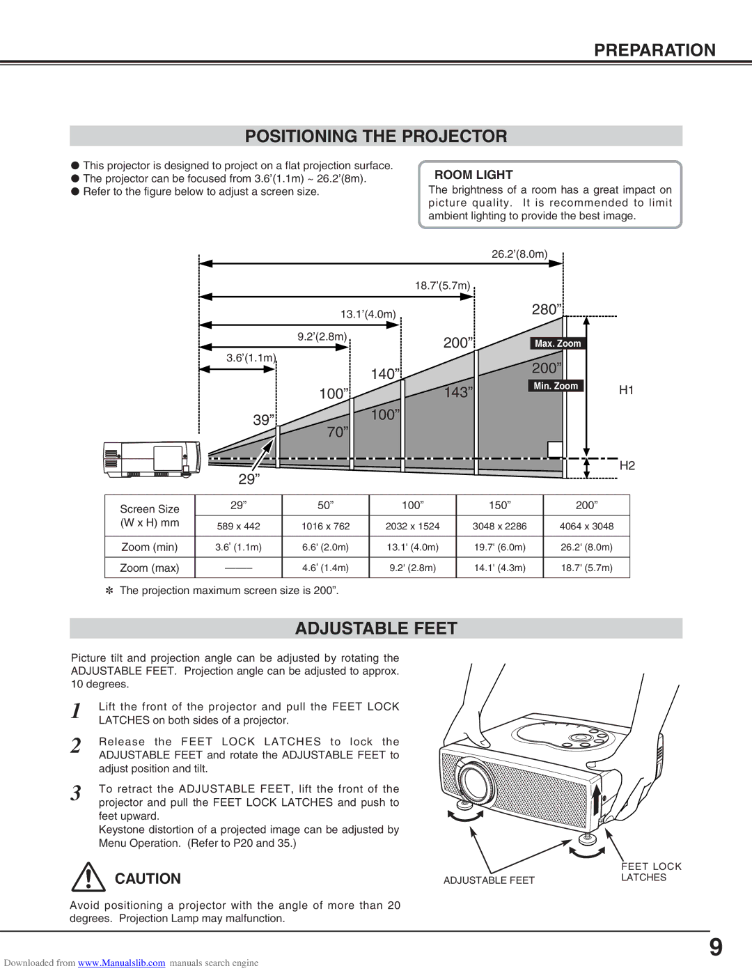 Canon LV-S2 owner manual Preparation Positioning the Projector, Adjustable Feet, Room Light 