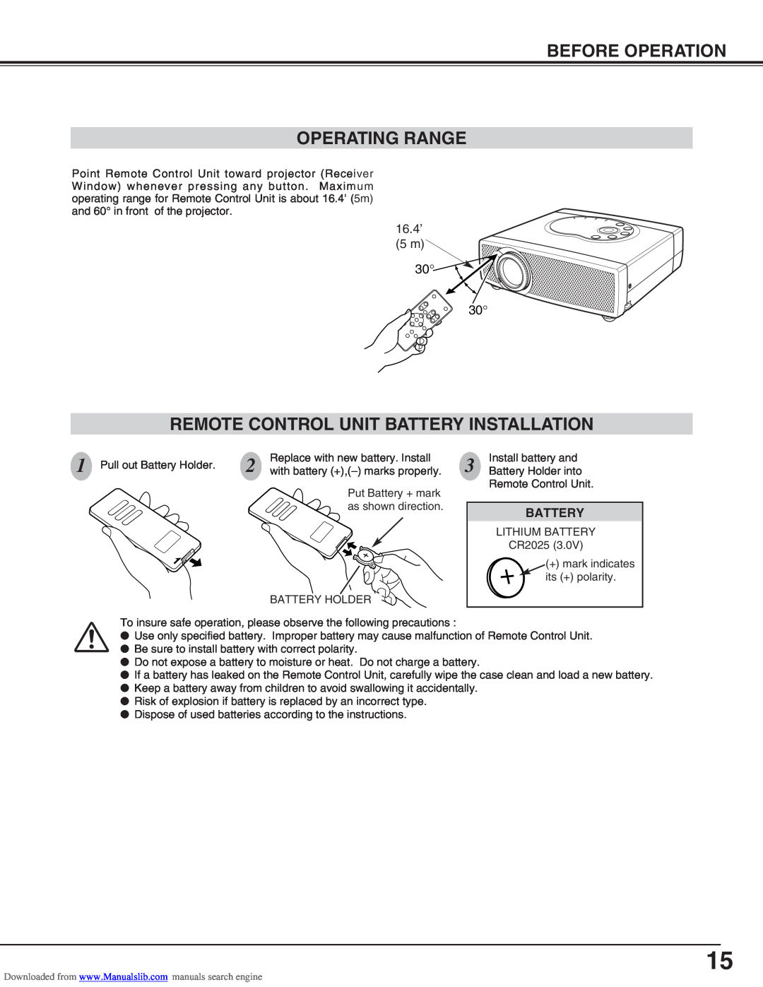 Canon LV-S2 owner manual Before Operation Operating Range, Remote Control Unit Battery Installation 