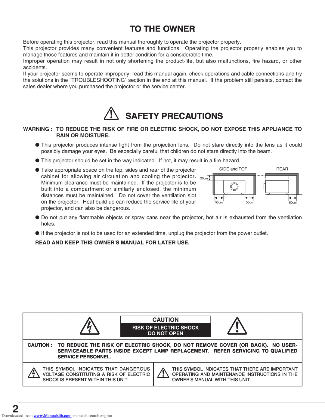 Canon LV-S2 owner manual To The Owner, Safety Precautions, Read And Keep This Owners Manual For Later Use 