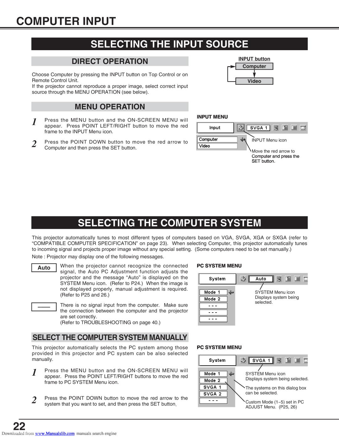 Canon LV-S2 Computer Input, Selecting The Input Source, Selecting The Computer System, Select The Computer System Manually 